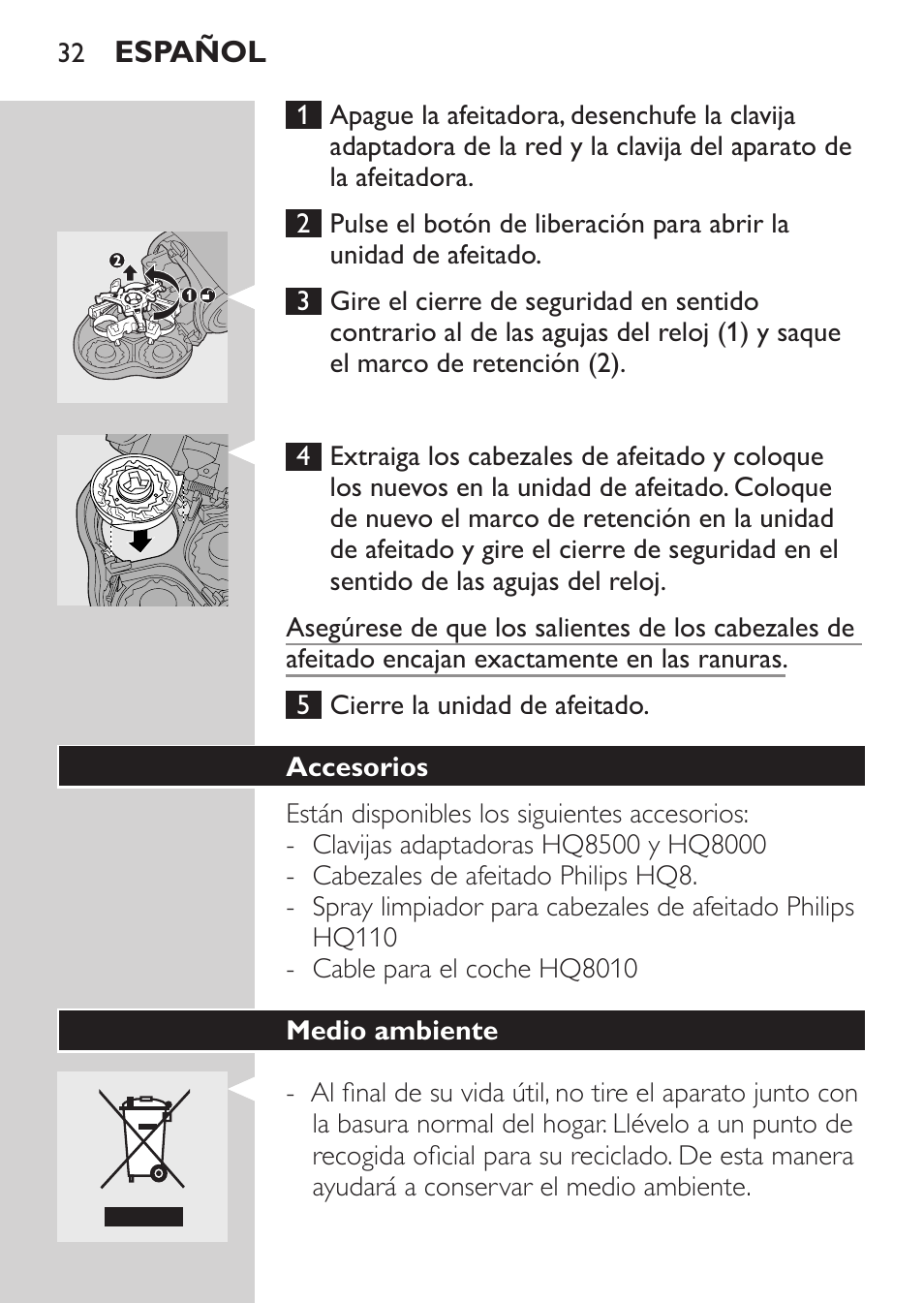 Accesorios, Medio ambiente | Philips HQ7260-17 User Manual | Page 30 / 88