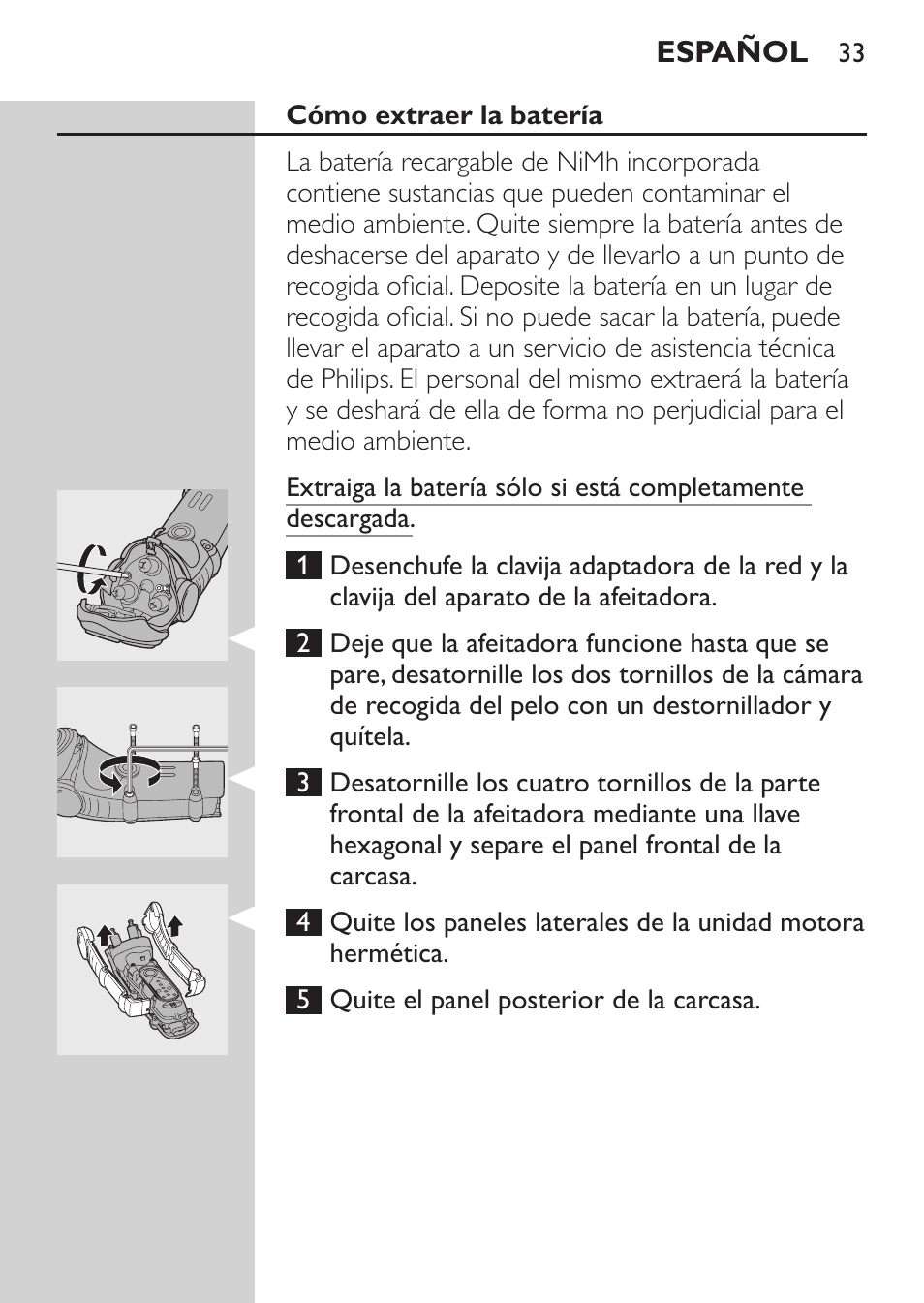 Cómo extraer la batería | Philips HQ7260-17 User Manual | Page 31 / 88