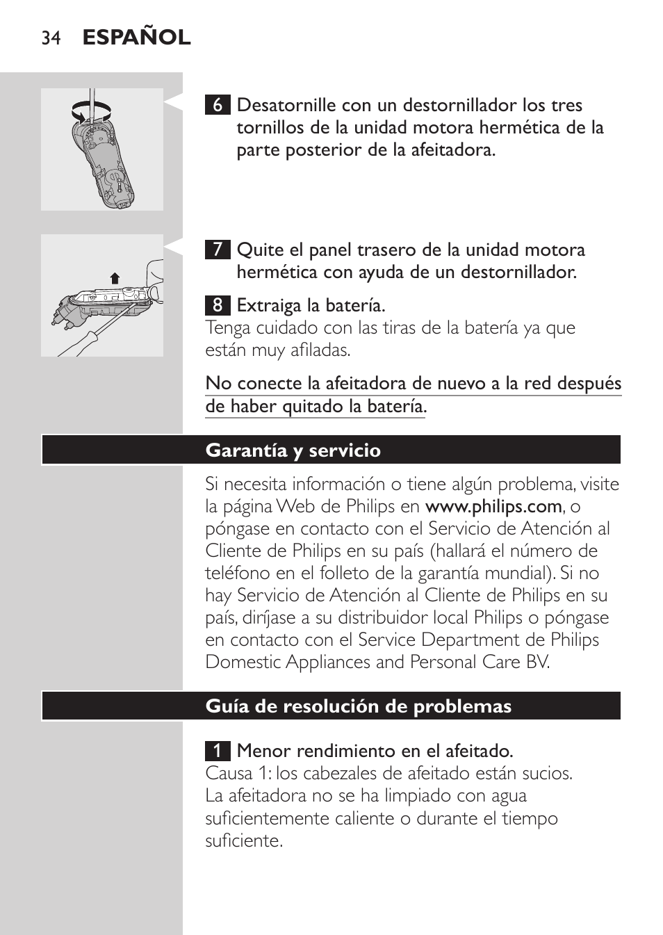 Garantía y servicio, Guía de resolución de problemas | Philips HQ7260-17 User Manual | Page 32 / 88
