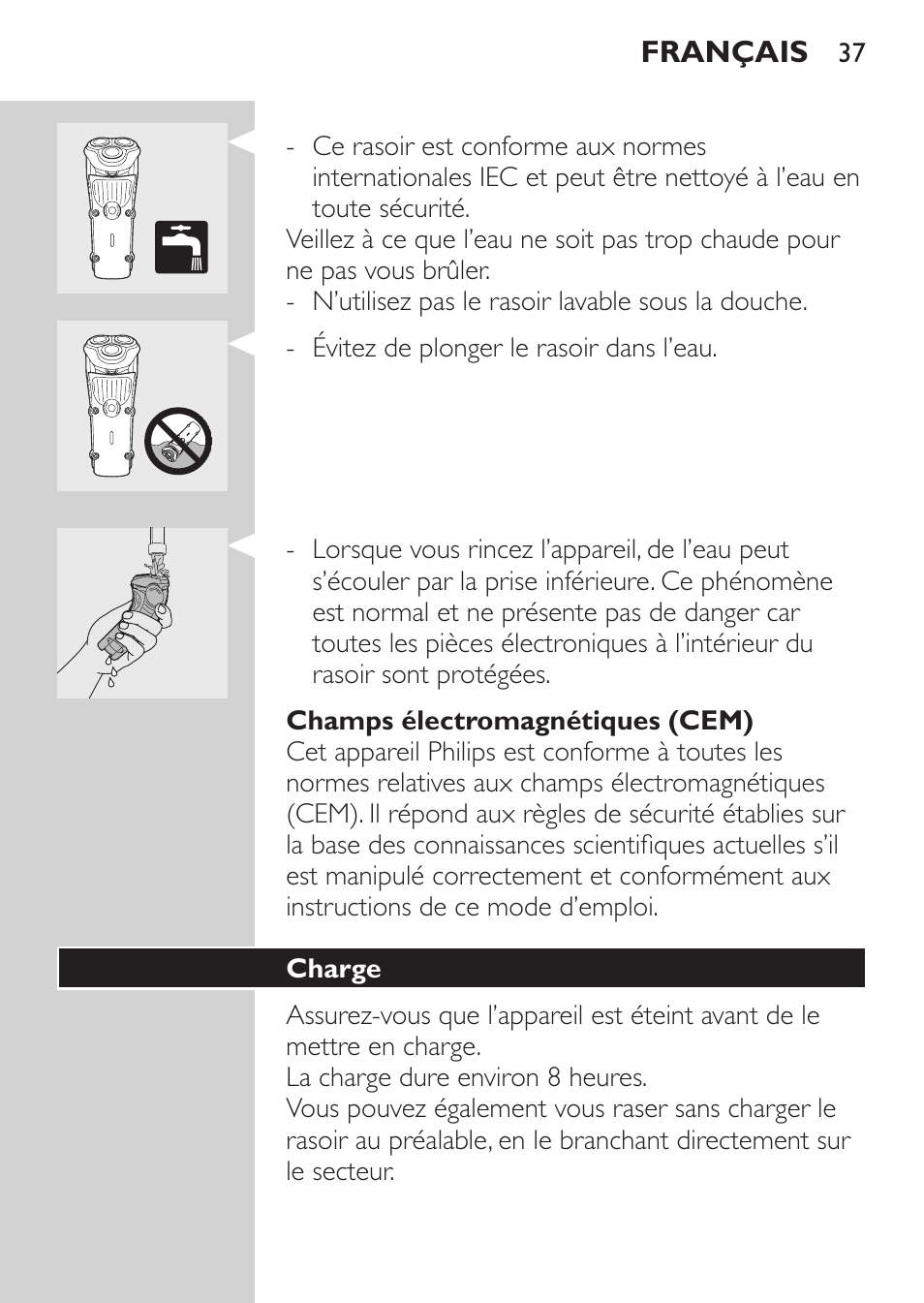 Champs électromagnétiques (cem), Charge | Philips HQ7260-17 User Manual | Page 35 / 88