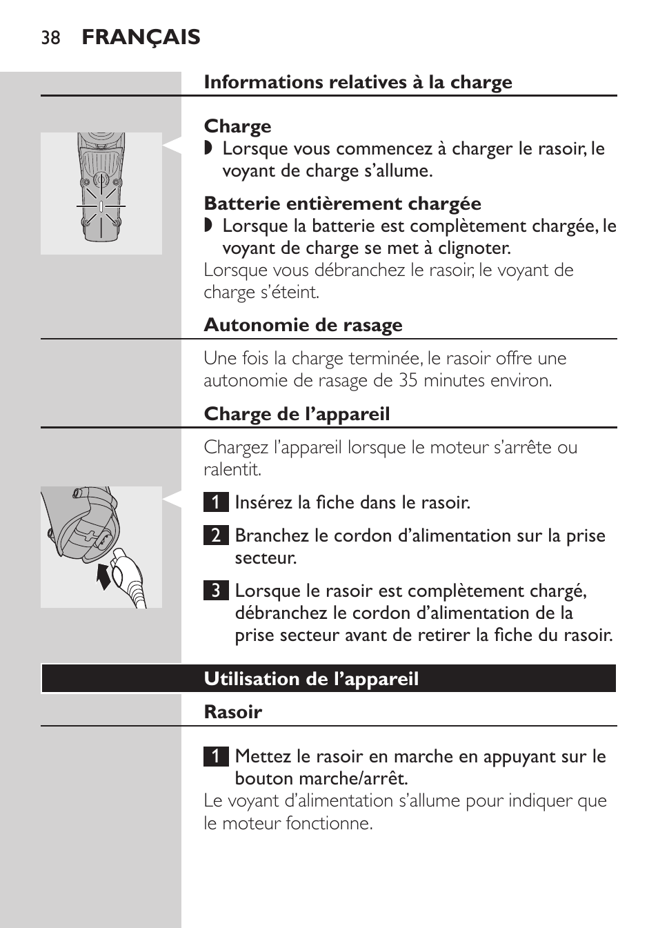 Informations relatives à la charge, Charge, Batterie entièrement chargée | Autonomie de rasage, Charge de l’appareil, Utilisation de l’appareil, Rasoir | Philips HQ7260-17 User Manual | Page 36 / 88