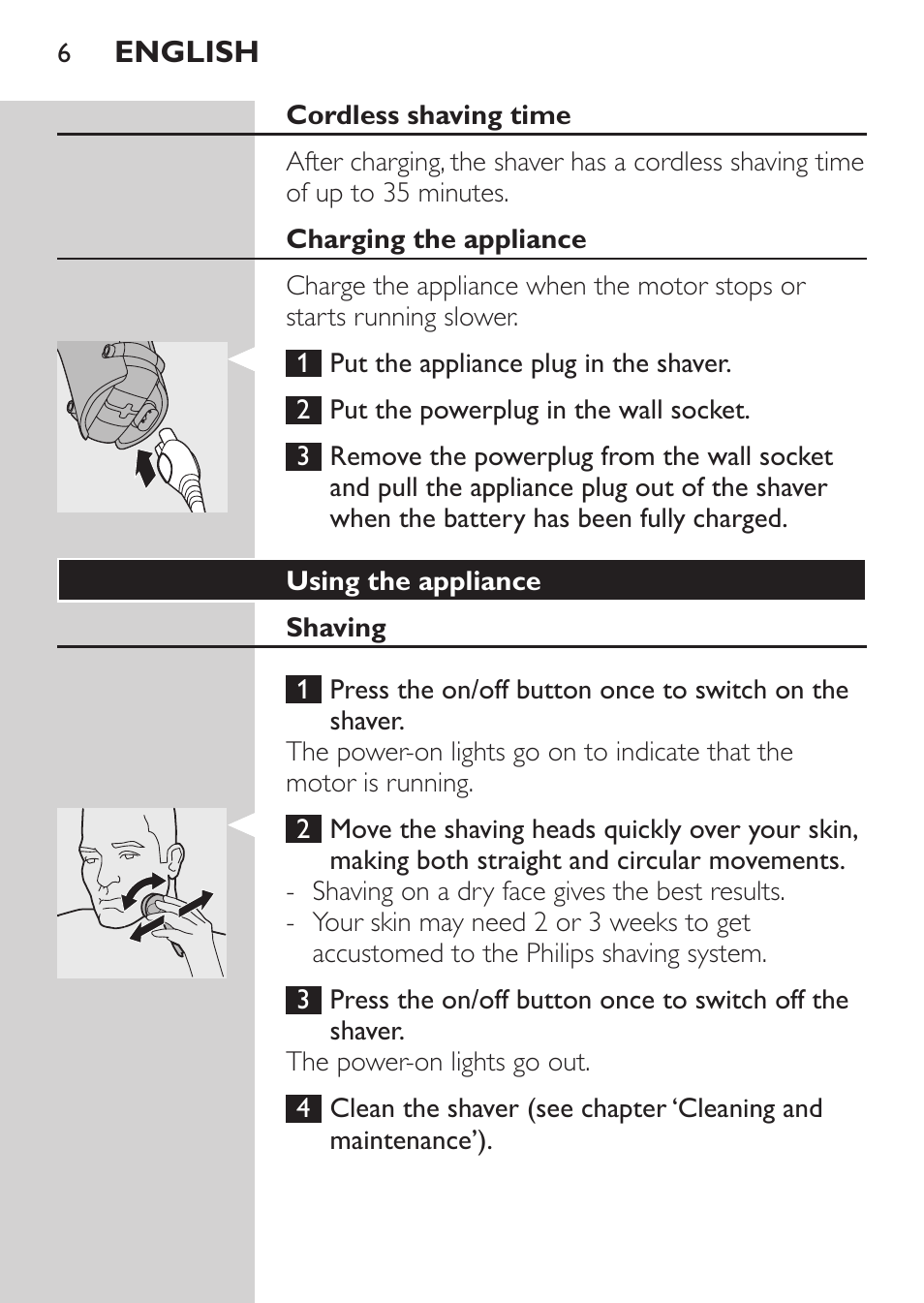 Cordless shaving time, Charging the appliance, Using the appliance | Shaving | Philips HQ7260-17 User Manual | Page 4 / 88