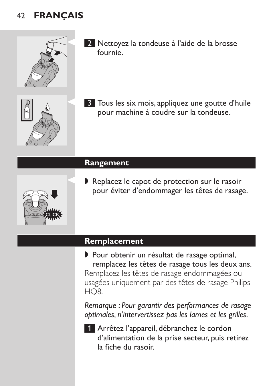 Rangement, Remplacement | Philips HQ7260-17 User Manual | Page 40 / 88