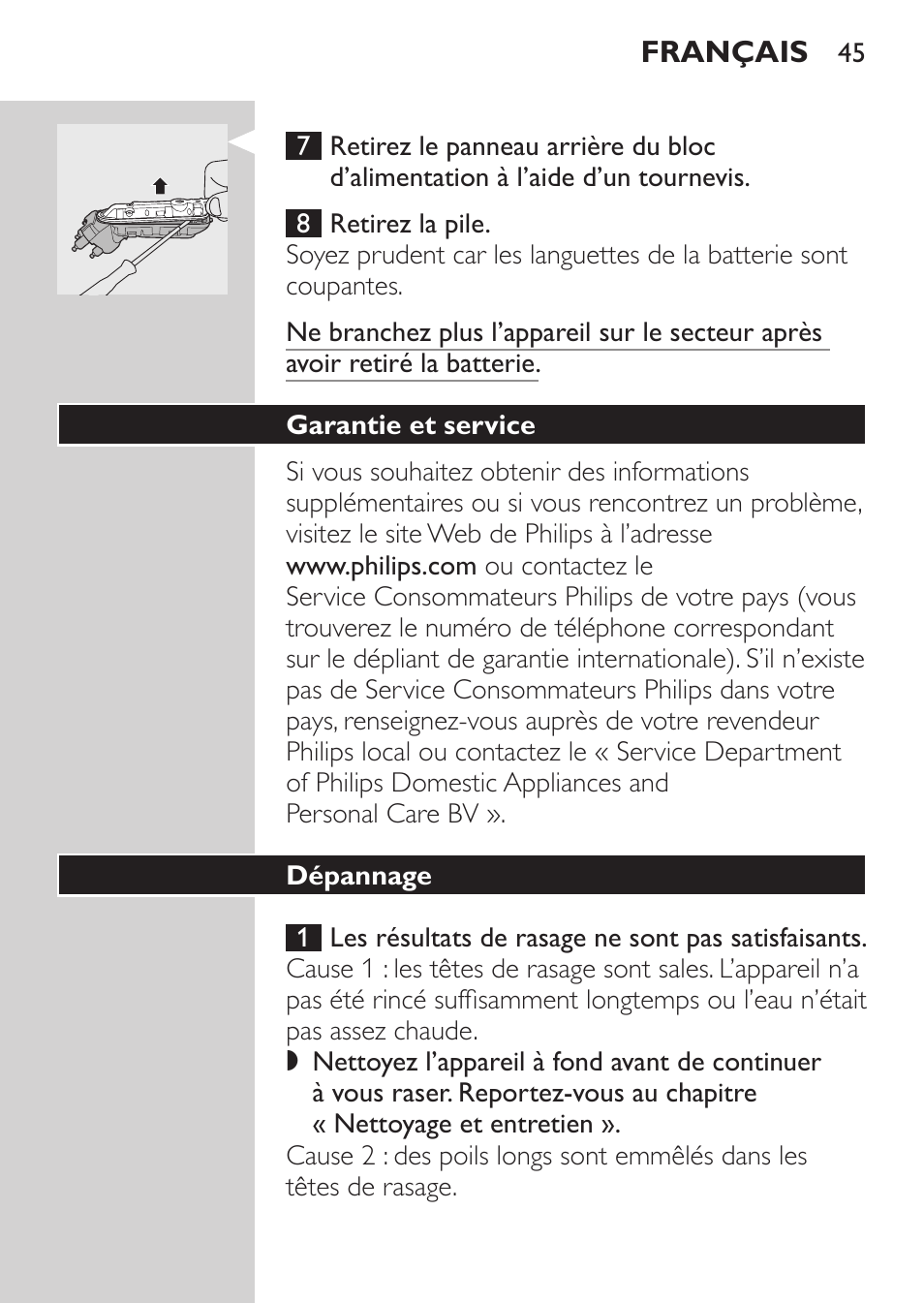 Garantie et service, Dépannage | Philips HQ7260-17 User Manual | Page 43 / 88