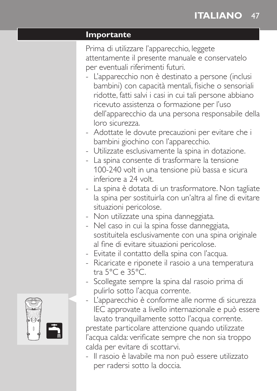 Italiano, Importante | Philips HQ7260-17 User Manual | Page 45 / 88