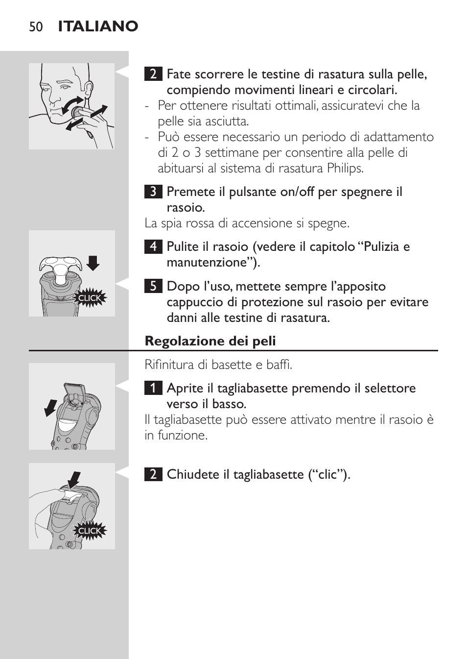 Regolazione dei peli, Pulizia e manutenzione | Philips HQ7260-17 User Manual | Page 48 / 88