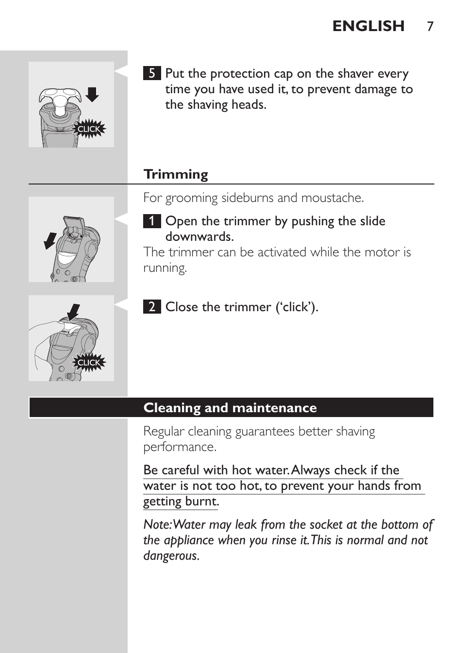 Trimming, Cleaning and maintenance | Philips HQ7260-17 User Manual | Page 5 / 88