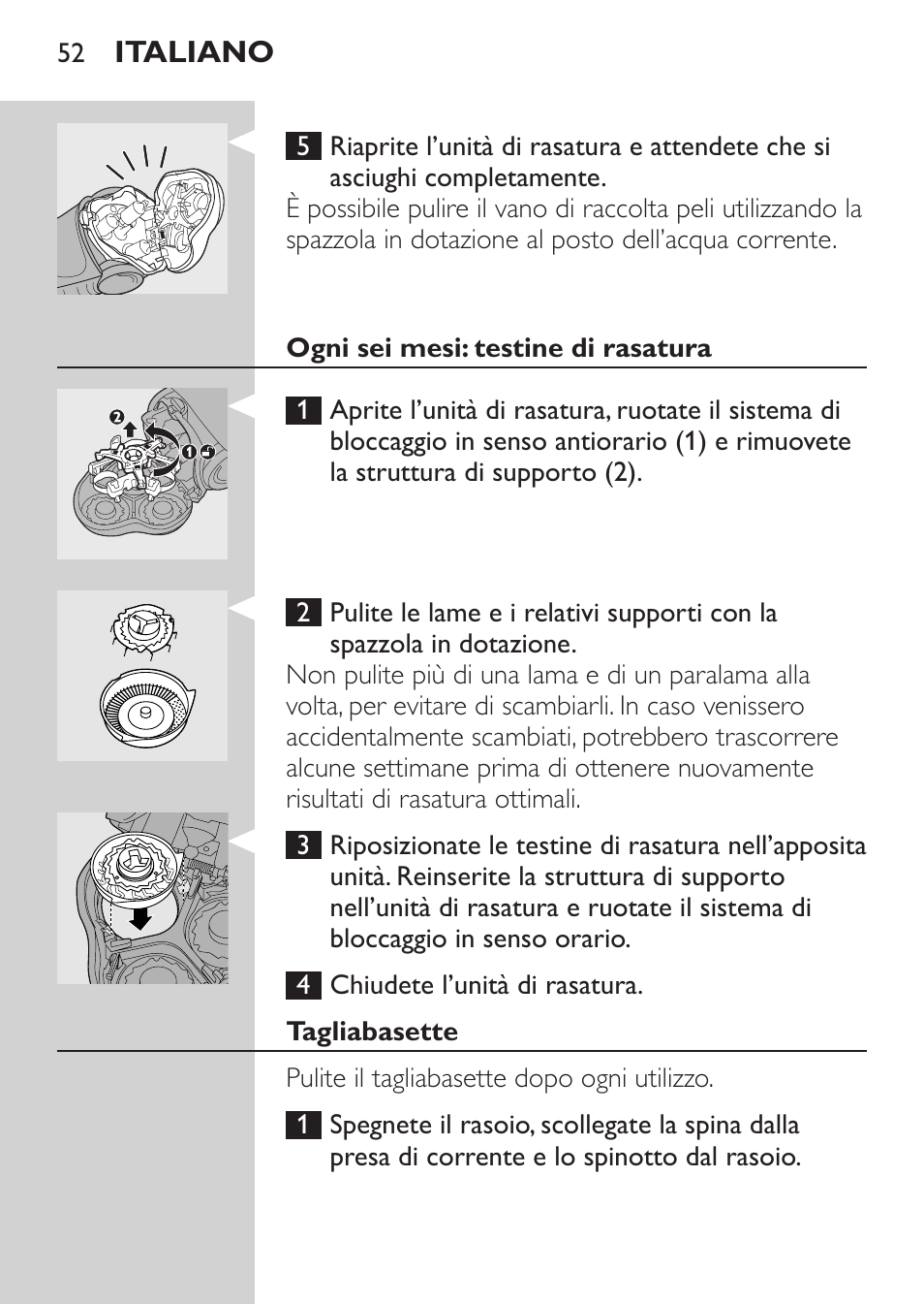 Ogni sei mesi: testine di rasatura, Tagliabasette | Philips HQ7260-17 User Manual | Page 50 / 88