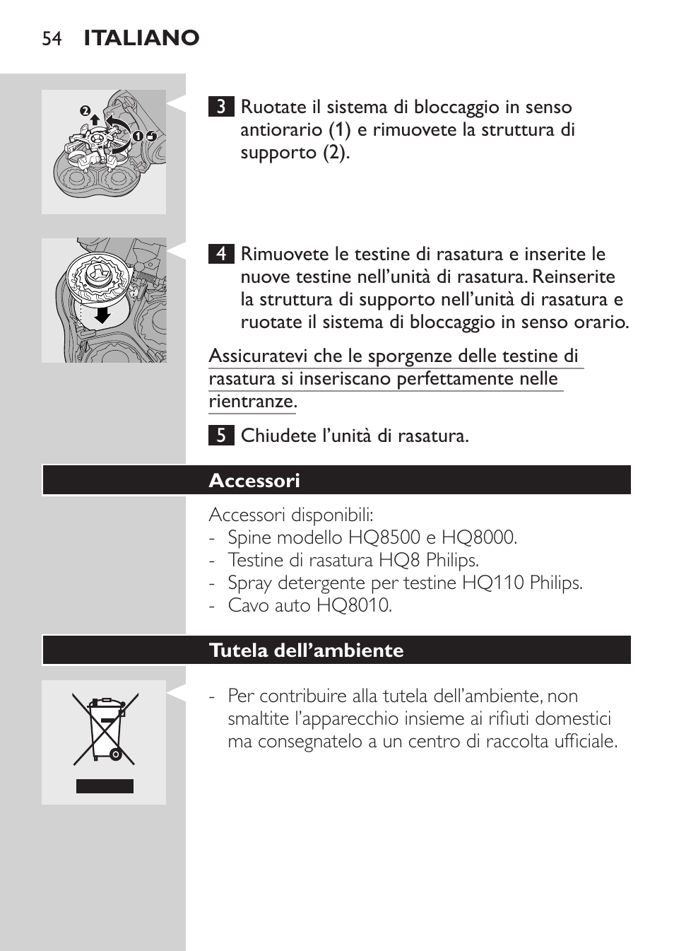 Accessori, Tutela dell’ambiente | Philips HQ7260-17 User Manual | Page 52 / 88
