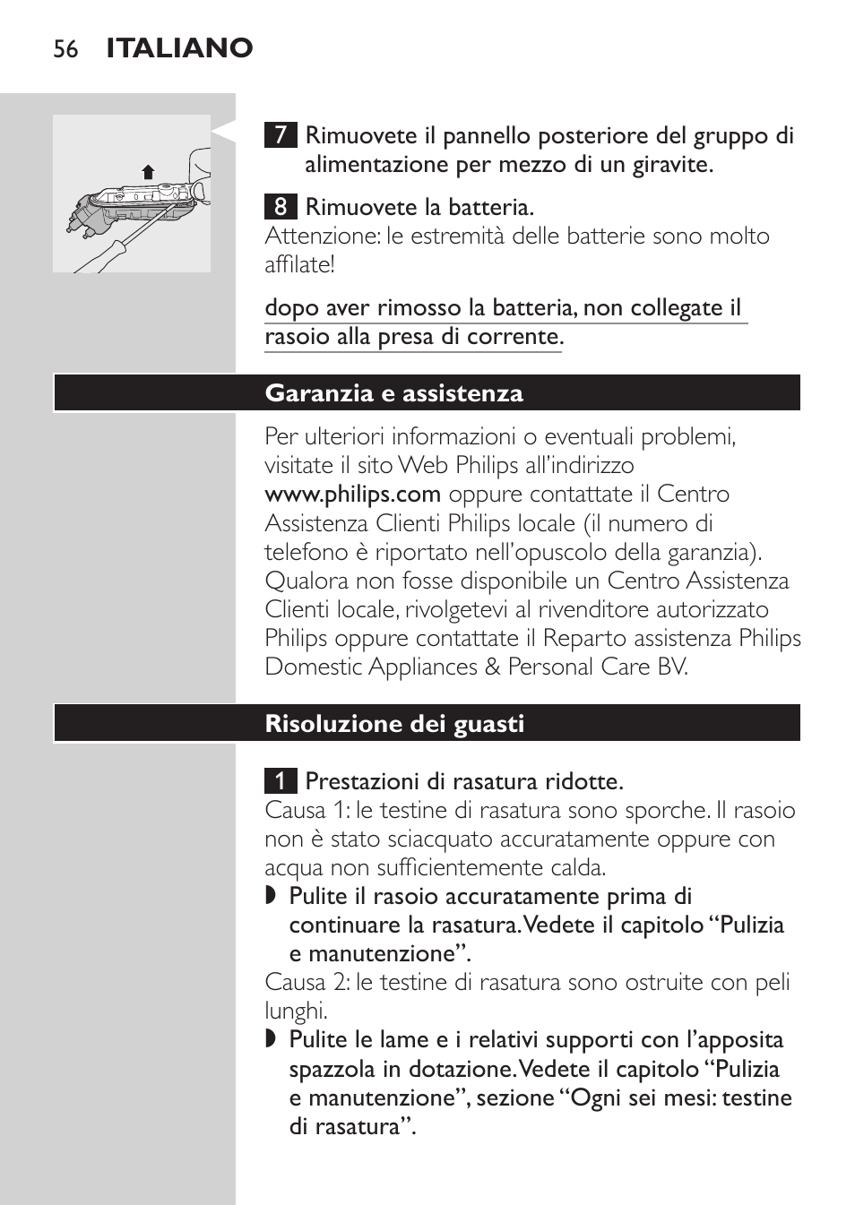 Garanzia e assistenza, Risoluzione dei guasti | Philips HQ7260-17 User Manual | Page 54 / 88