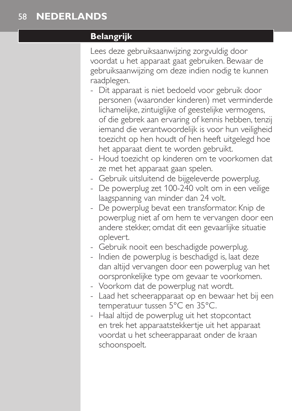 Nederlands, Belangrijk | Philips HQ7260-17 User Manual | Page 56 / 88