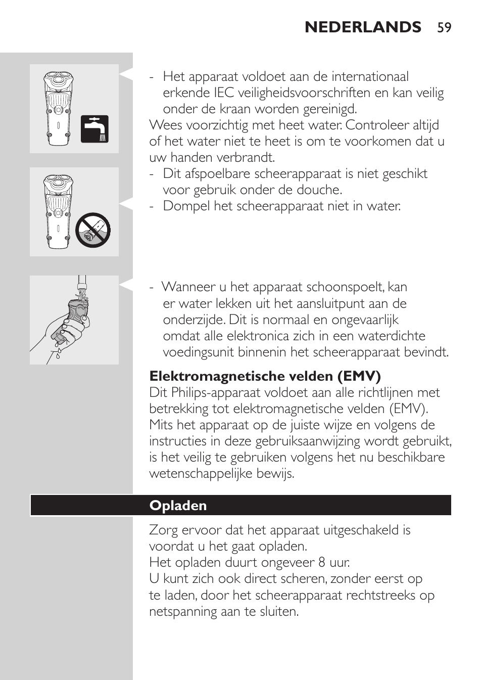 Elektromagnetische velden (emv), Opladen | Philips HQ7260-17 User Manual | Page 57 / 88