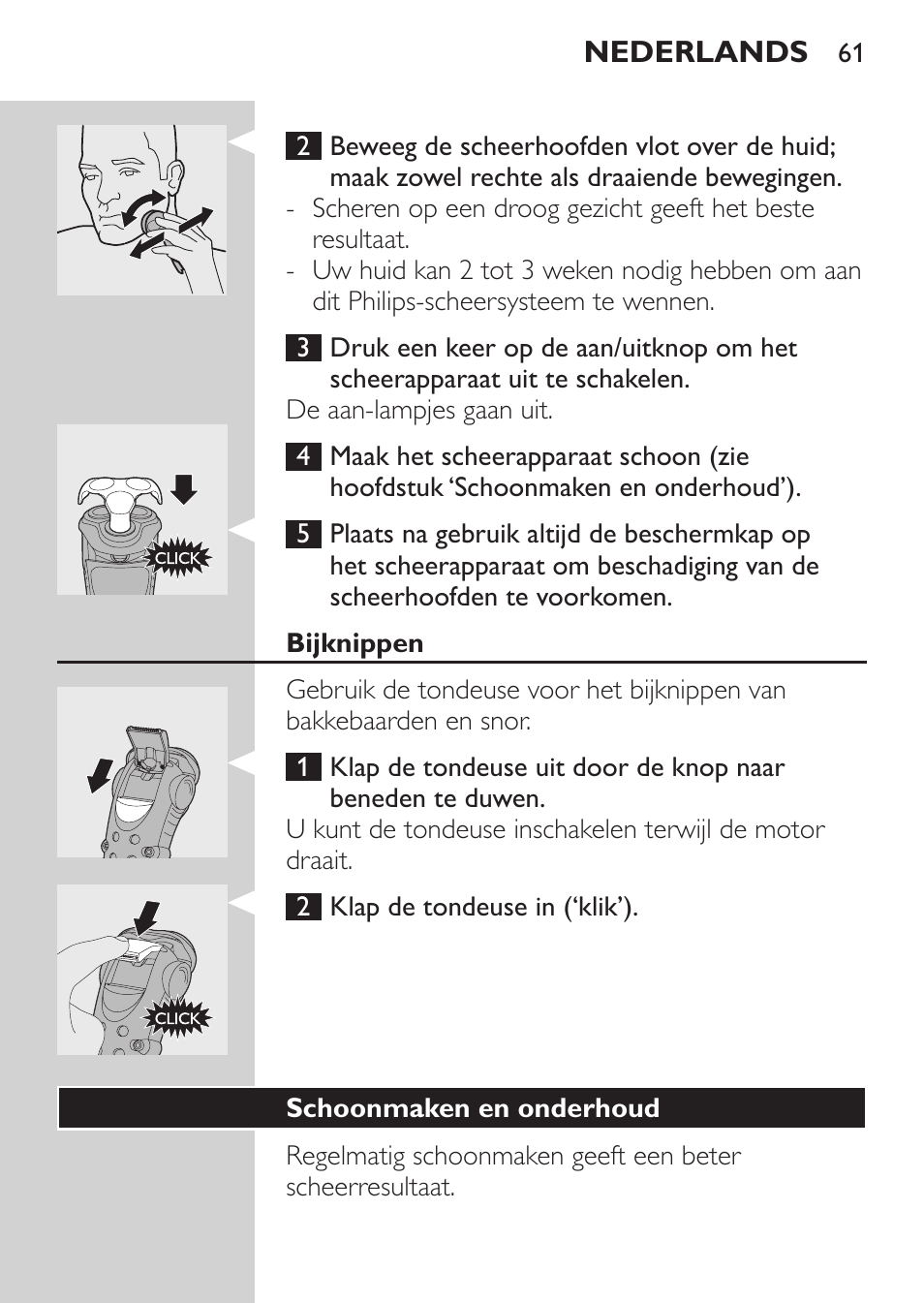 Bijknippen, Schoonmaken en onderhoud | Philips HQ7260-17 User Manual | Page 59 / 88