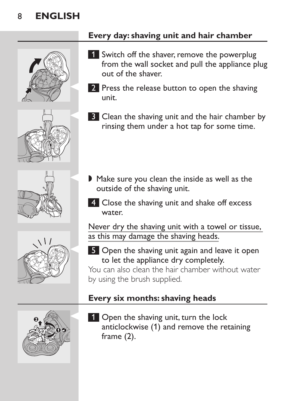 Every day: shaving unit and hair chamber, Every six months: shaving heads | Philips HQ7260-17 User Manual | Page 6 / 88