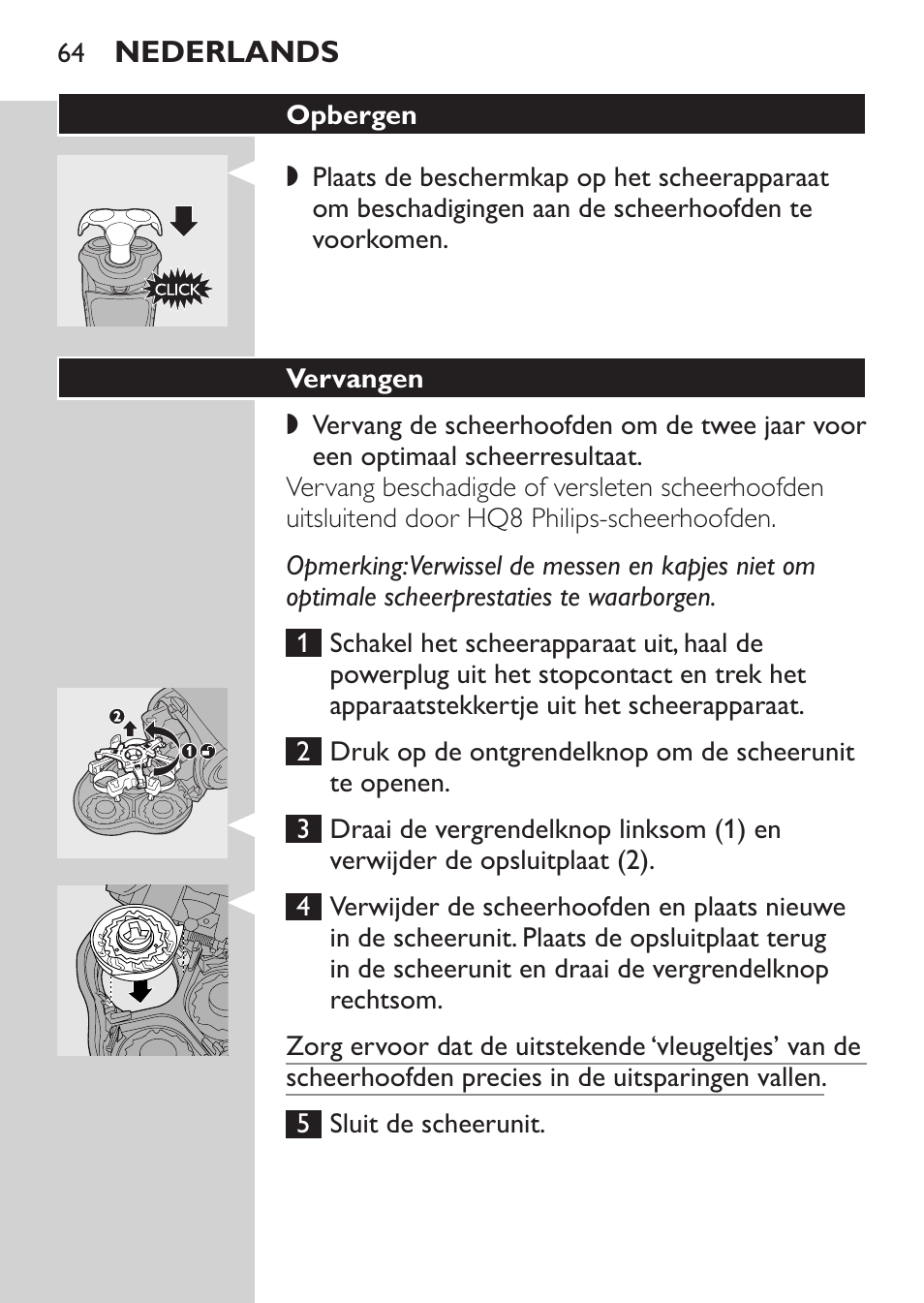 Opbergen, Vervangen | Philips HQ7260-17 User Manual | Page 62 / 88