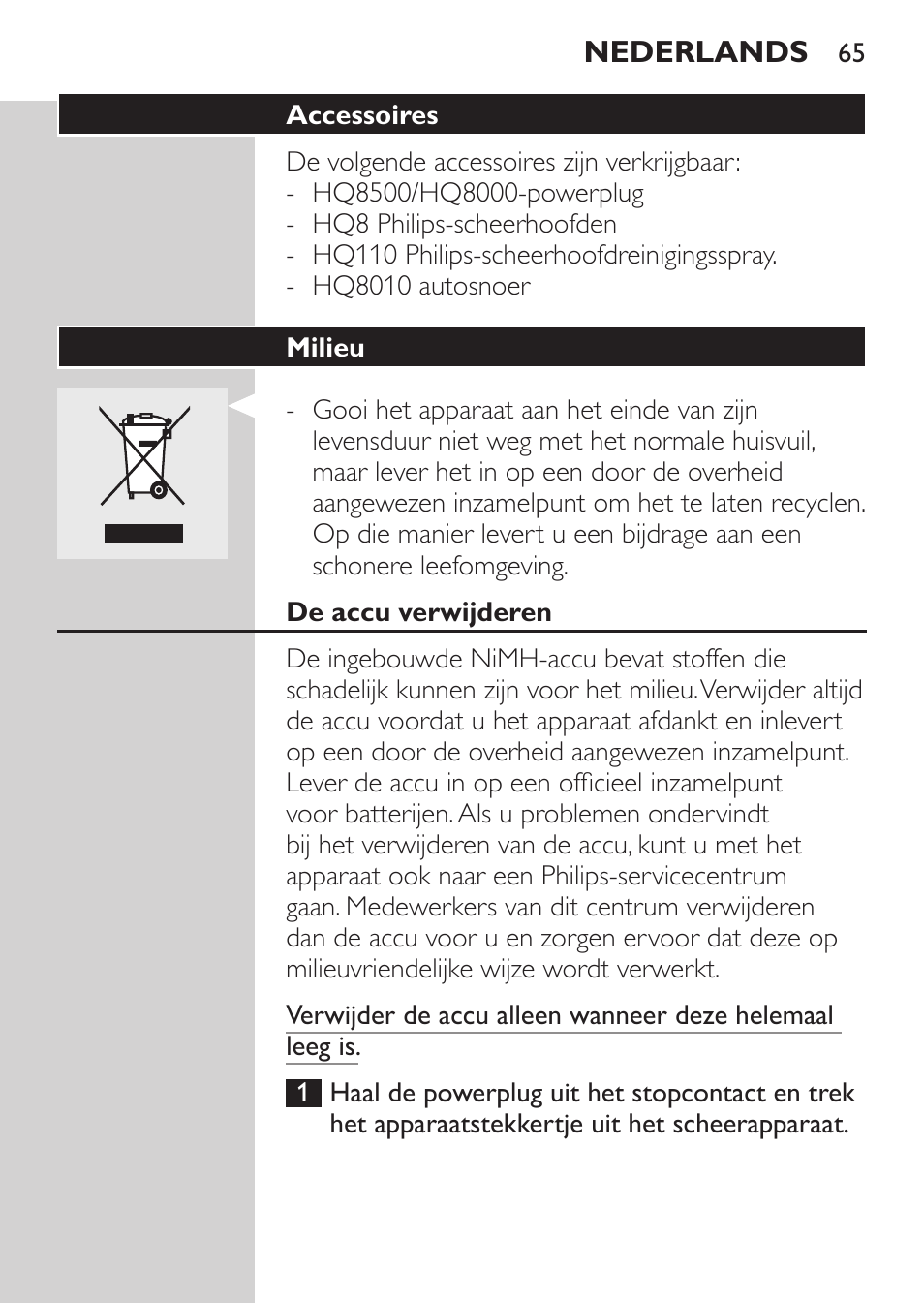Accessoires, Milieu, De accu verwijderen | Philips HQ7260-17 User Manual | Page 63 / 88