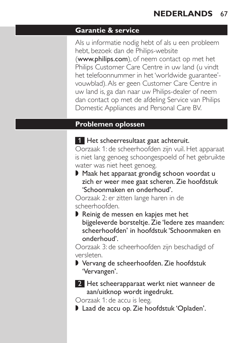 Garantie & service, Problemen oplossen | Philips HQ7260-17 User Manual | Page 65 / 88