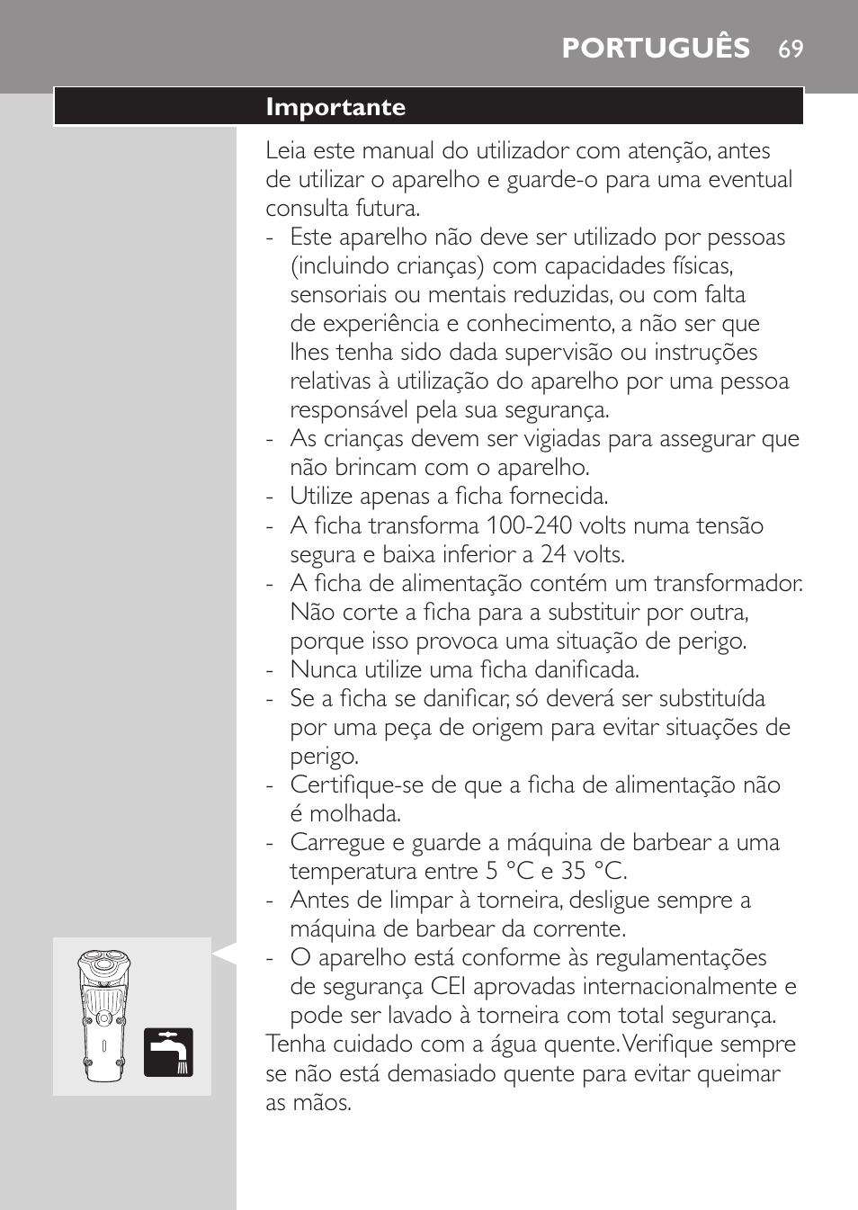 Português, Importante | Philips HQ7260-17 User Manual | Page 67 / 88