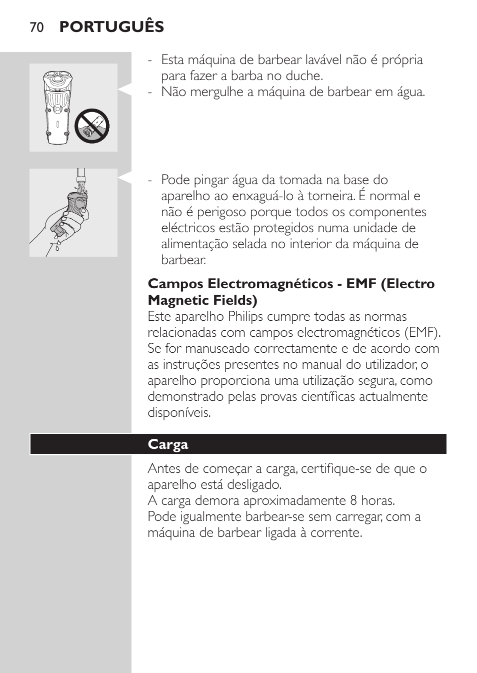 Carga, Indicações de carga | Philips HQ7260-17 User Manual | Page 68 / 88