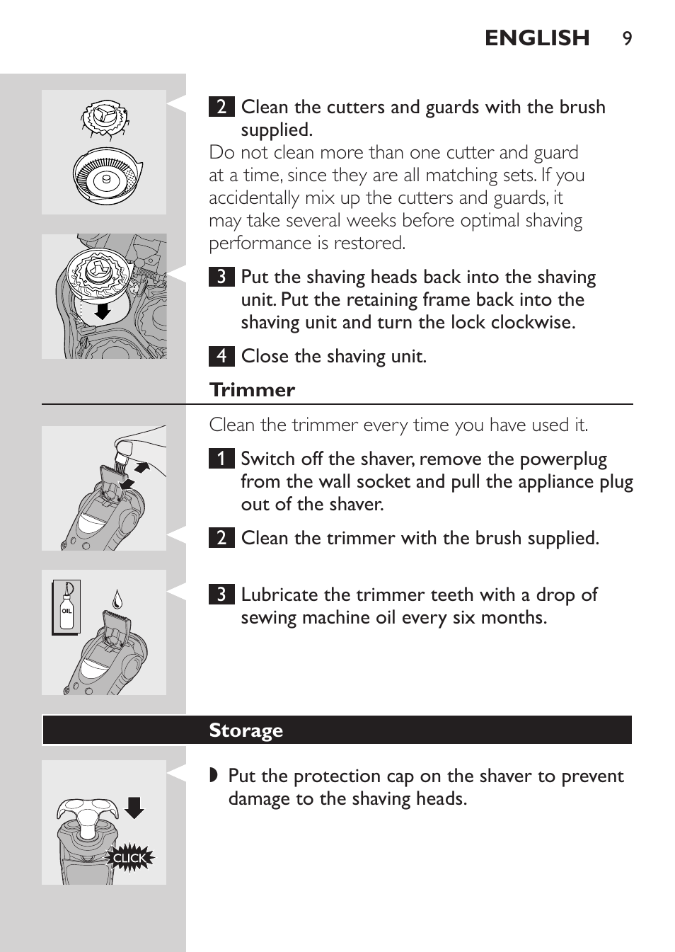 Trimmer, Storage | Philips HQ7260-17 User Manual | Page 7 / 88