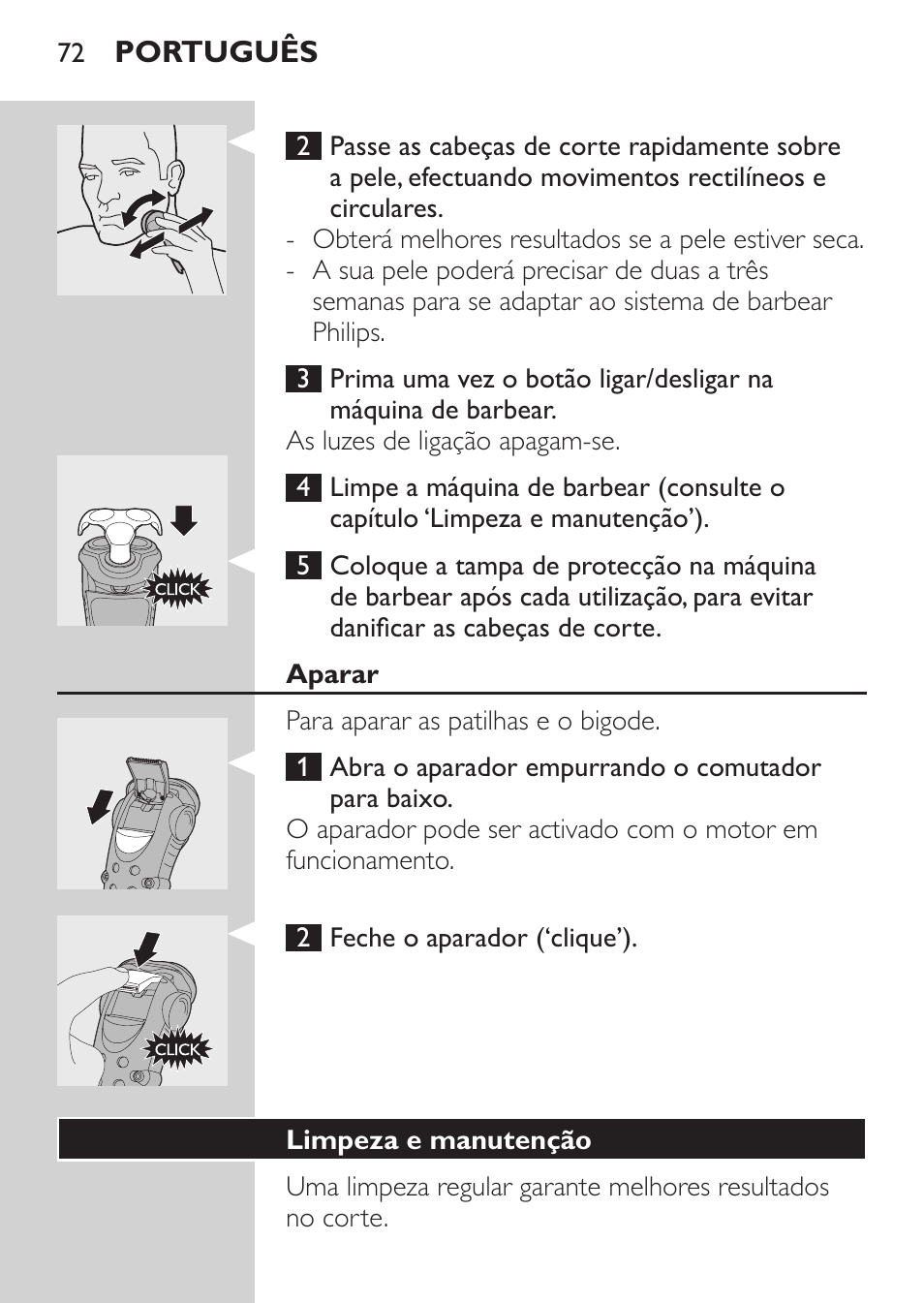 Aparar, Limpeza e manutenção | Philips HQ7260-17 User Manual | Page 70 / 88