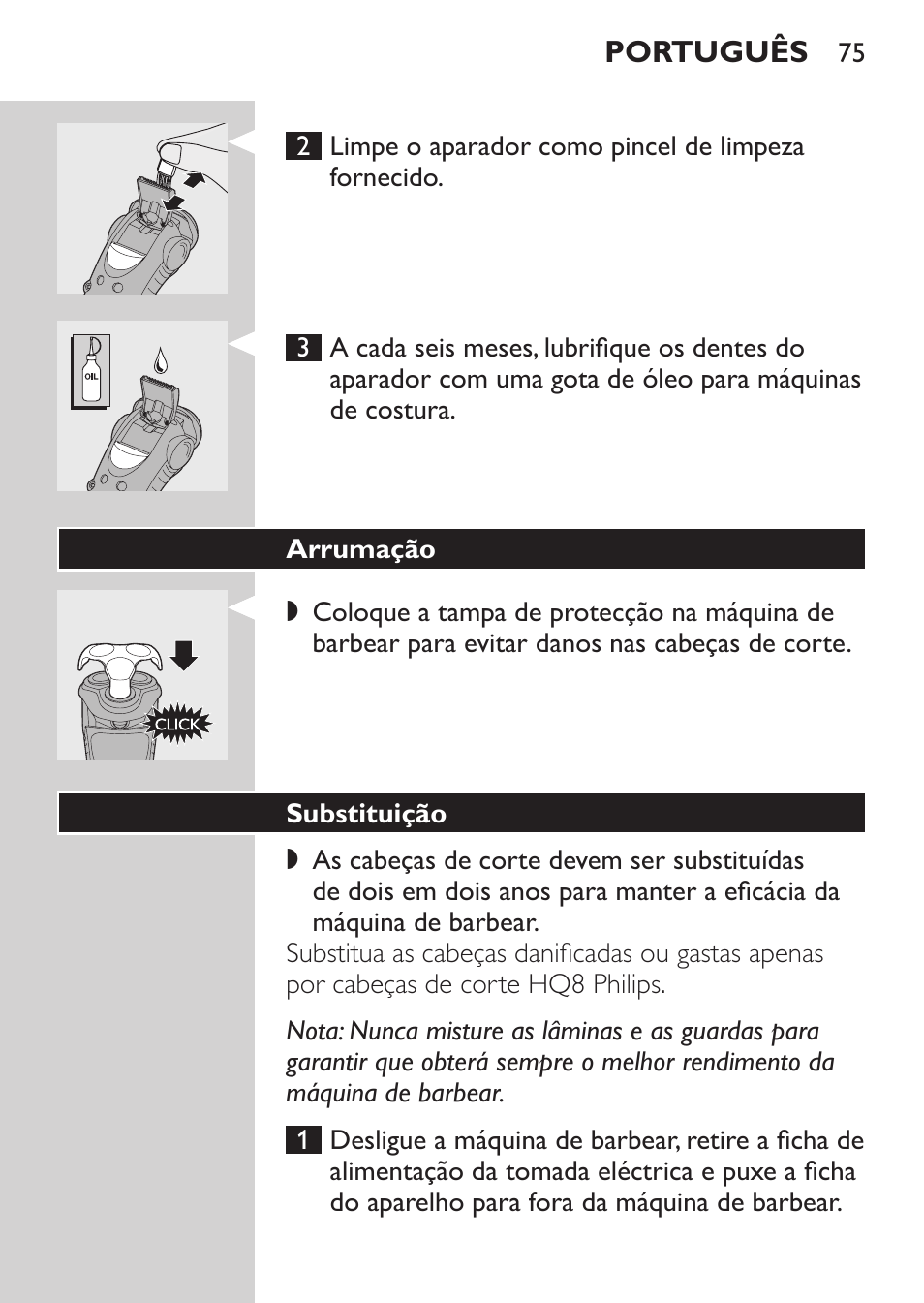 Arrumação, Substituição | Philips HQ7260-17 User Manual | Page 73 / 88
