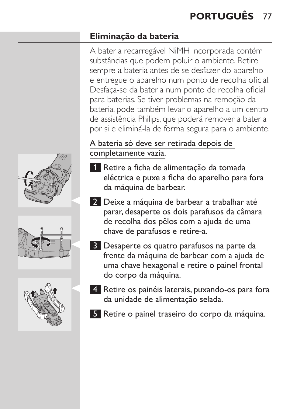 Eliminação da bateria | Philips HQ7260-17 User Manual | Page 75 / 88