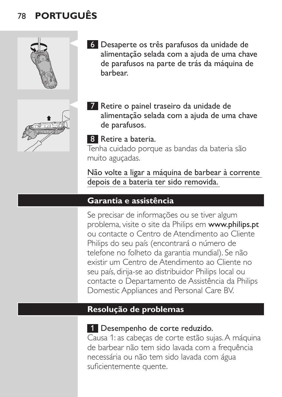 Garantia e assistência, Resolução de problemas | Philips HQ7260-17 User Manual | Page 76 / 88