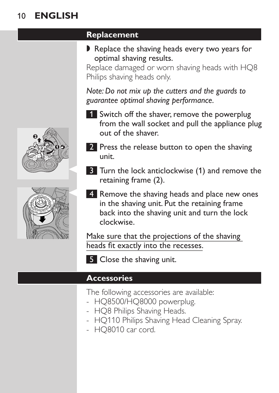 Replacement, Accessories | Philips HQ7260-17 User Manual | Page 8 / 88
