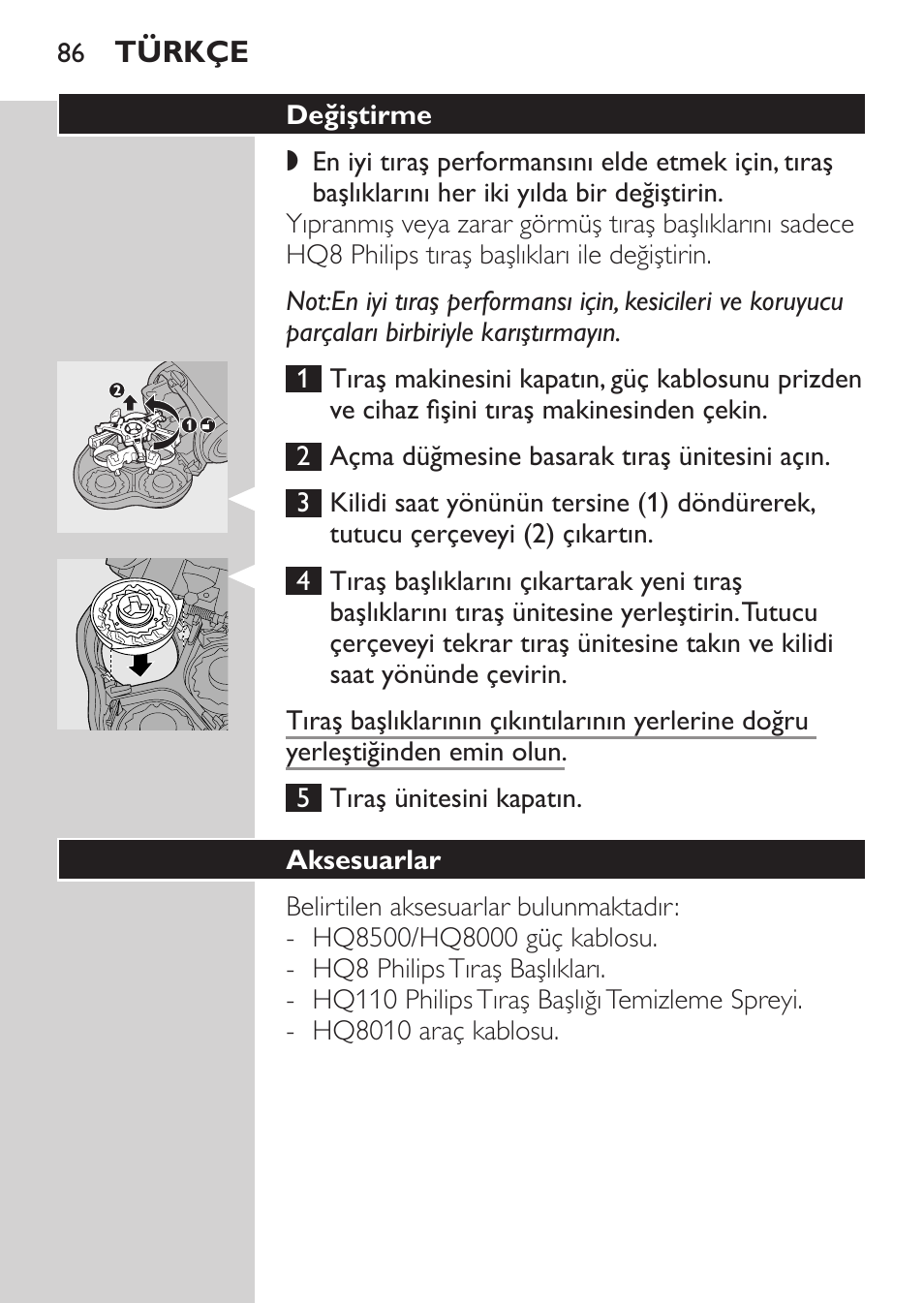 Değiştirme, Aksesuarlar | Philips HQ7260-17 User Manual | Page 84 / 88