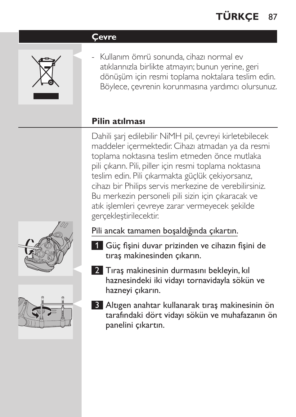 Çevre, Pilin atılması | Philips HQ7260-17 User Manual | Page 85 / 88