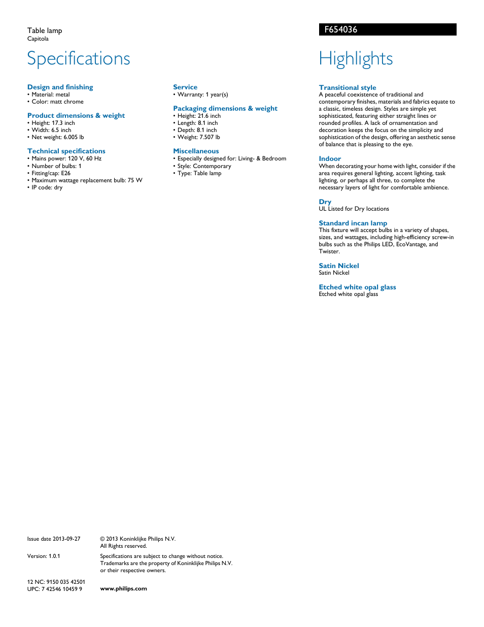 Specifications, Highlights | Philips F654036 User Manual | Page 2 / 2