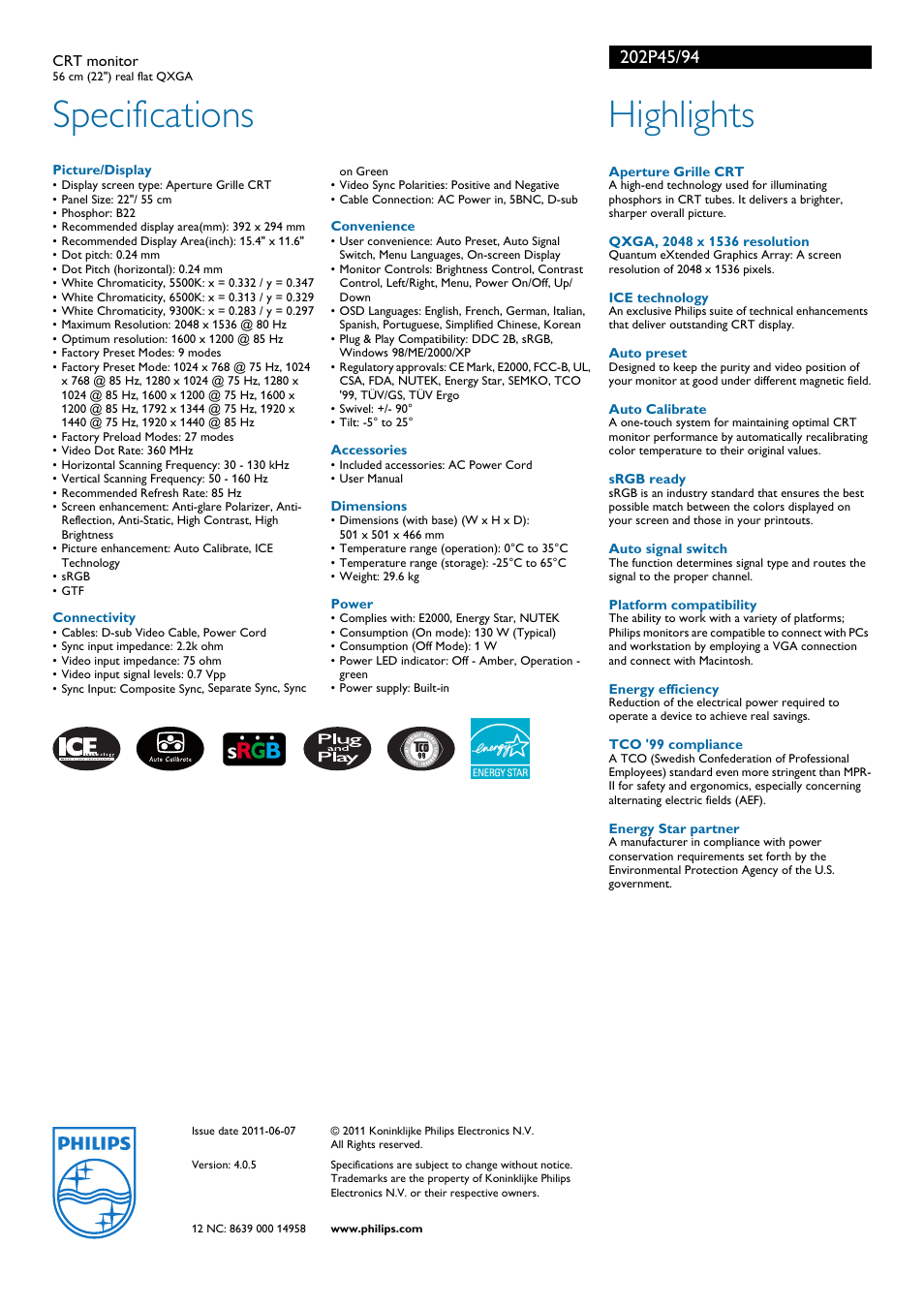 Specifications, Highlights | Philips 202P45-94 User Manual | Page 2 / 2