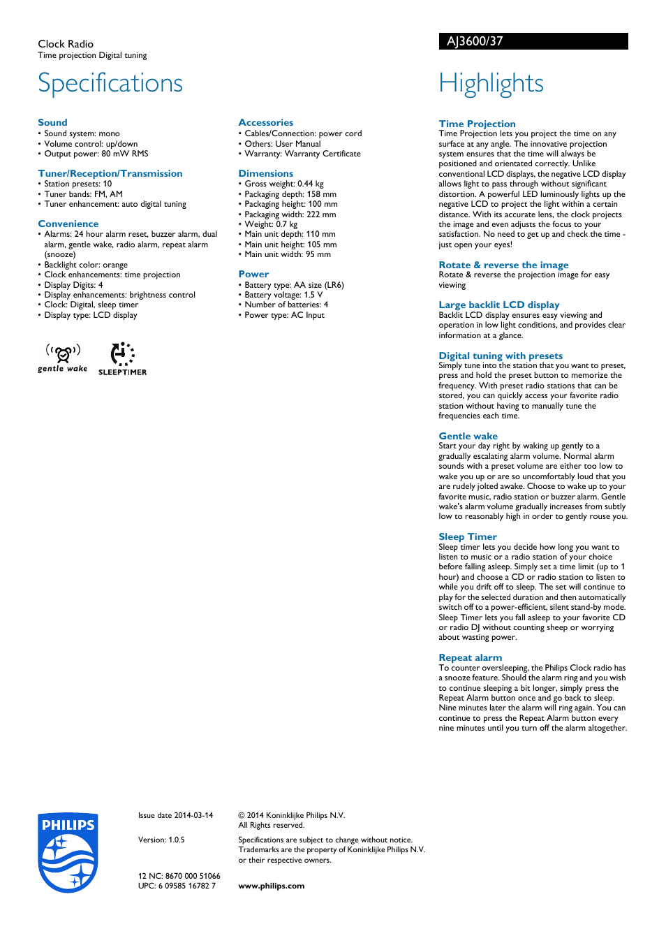 Specifications, Highlights | Philips Clock Radio AJ3600 User Manual | Page 2 / 2