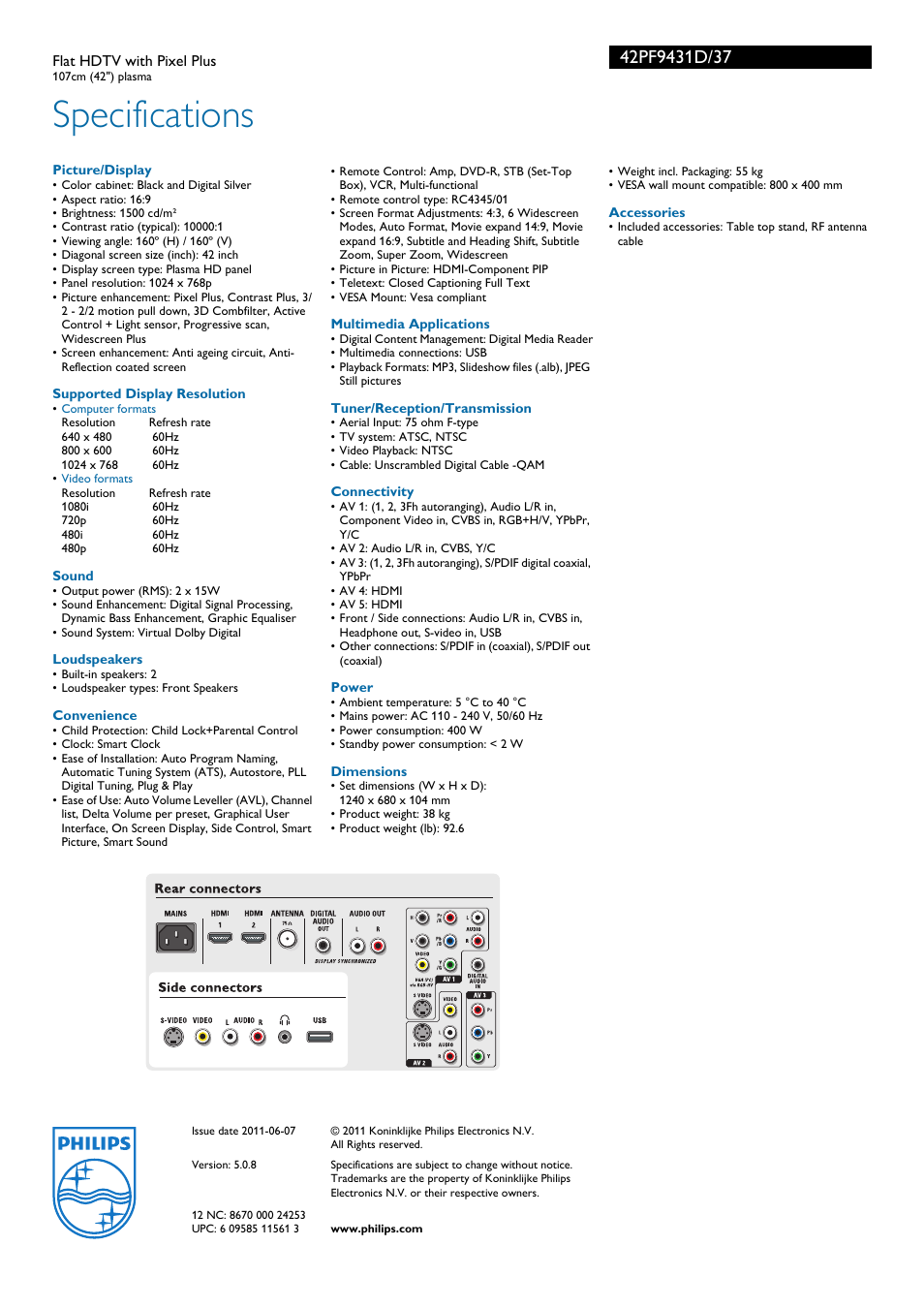 Specifications | Philips 42PF9431D-37B User Manual | Page 3 / 3