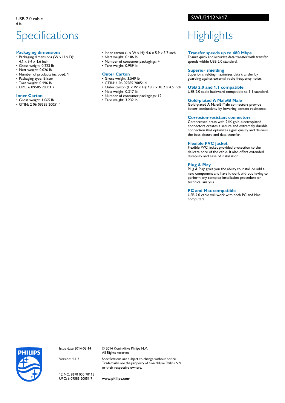 Specifications, Highlights | Philips SWU2112N-17 User Manual | Page 2 / 2