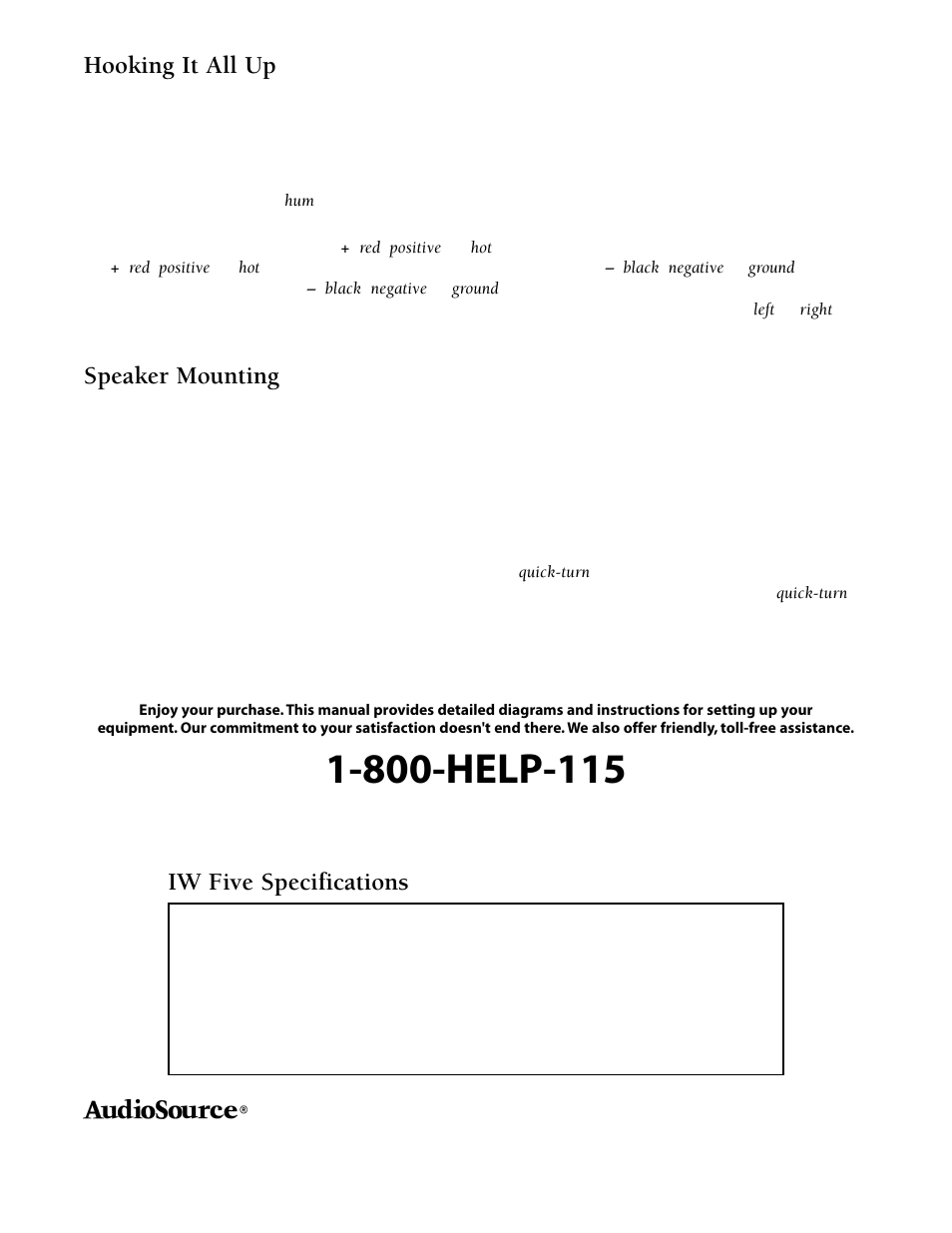 Hooking it all up, Speaker mounting, Iw five specifications | AudioSource IW Five User Manual | Page 2 / 2