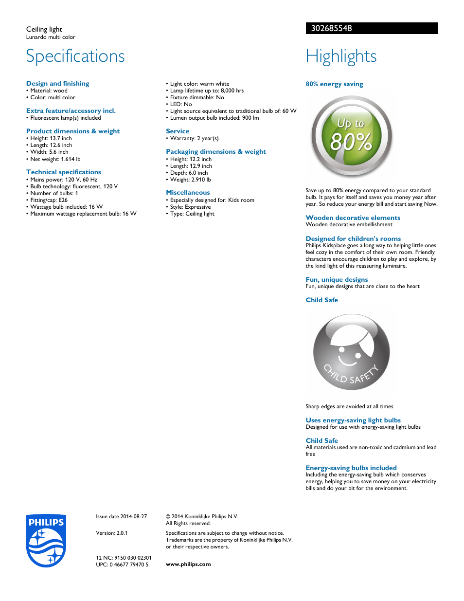 Specifications, Highlights | Philips 302685548 User Manual | Page 2 / 2