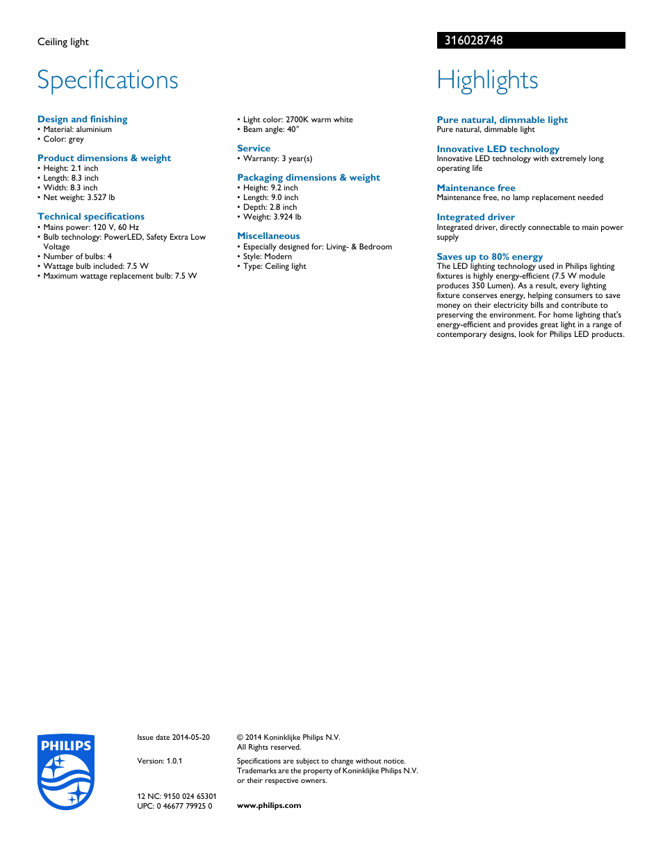 Specifications, Highlights | Philips 316028748 User Manual | Page 2 / 2