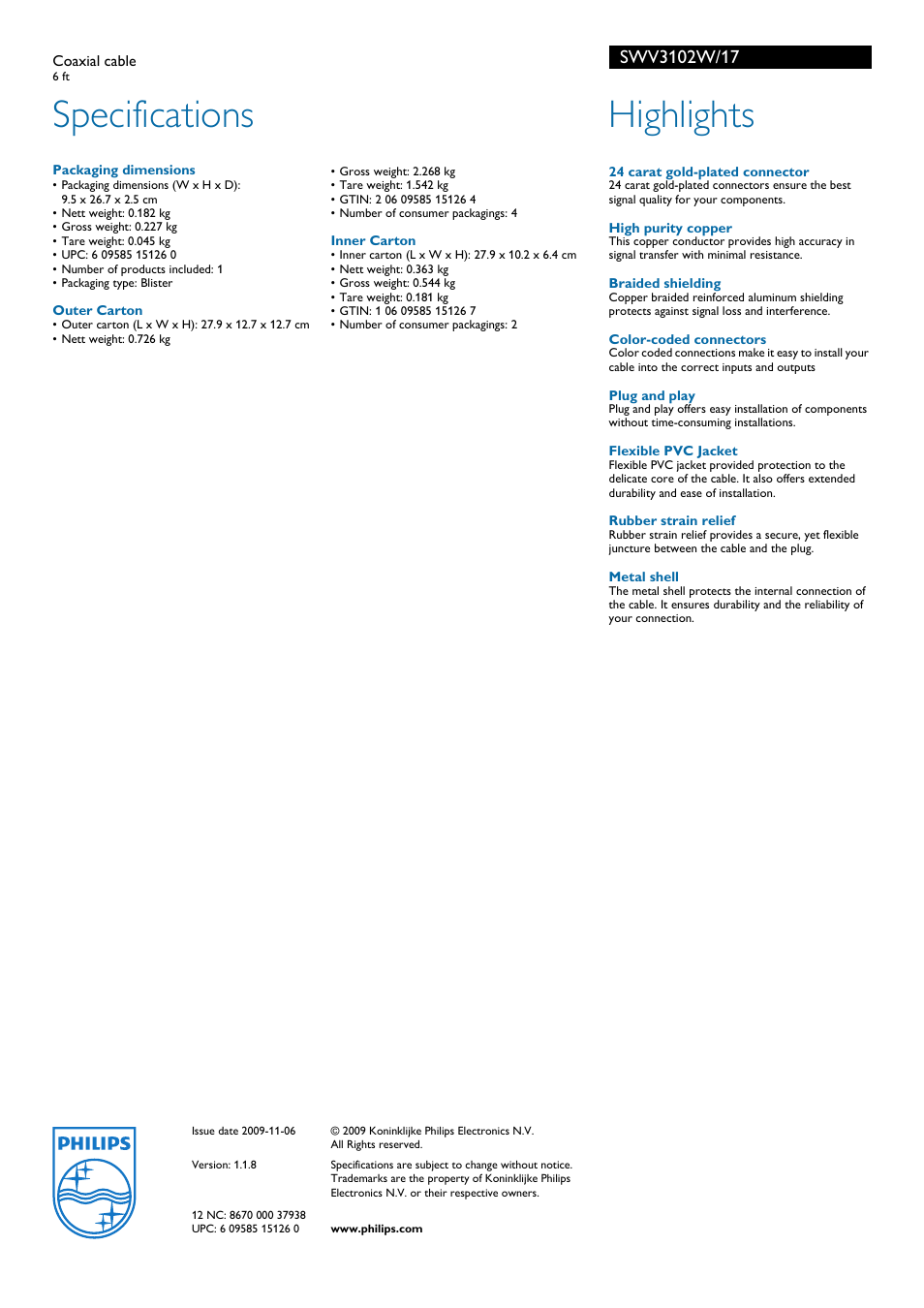 Specifications, Highlights | Philips SWV3102W-17 User Manual | Page 2 / 2