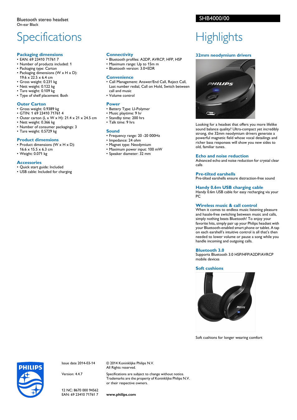 Specifications, Highlights | Philips SHB4000-00 User Manual | Page 2 / 2