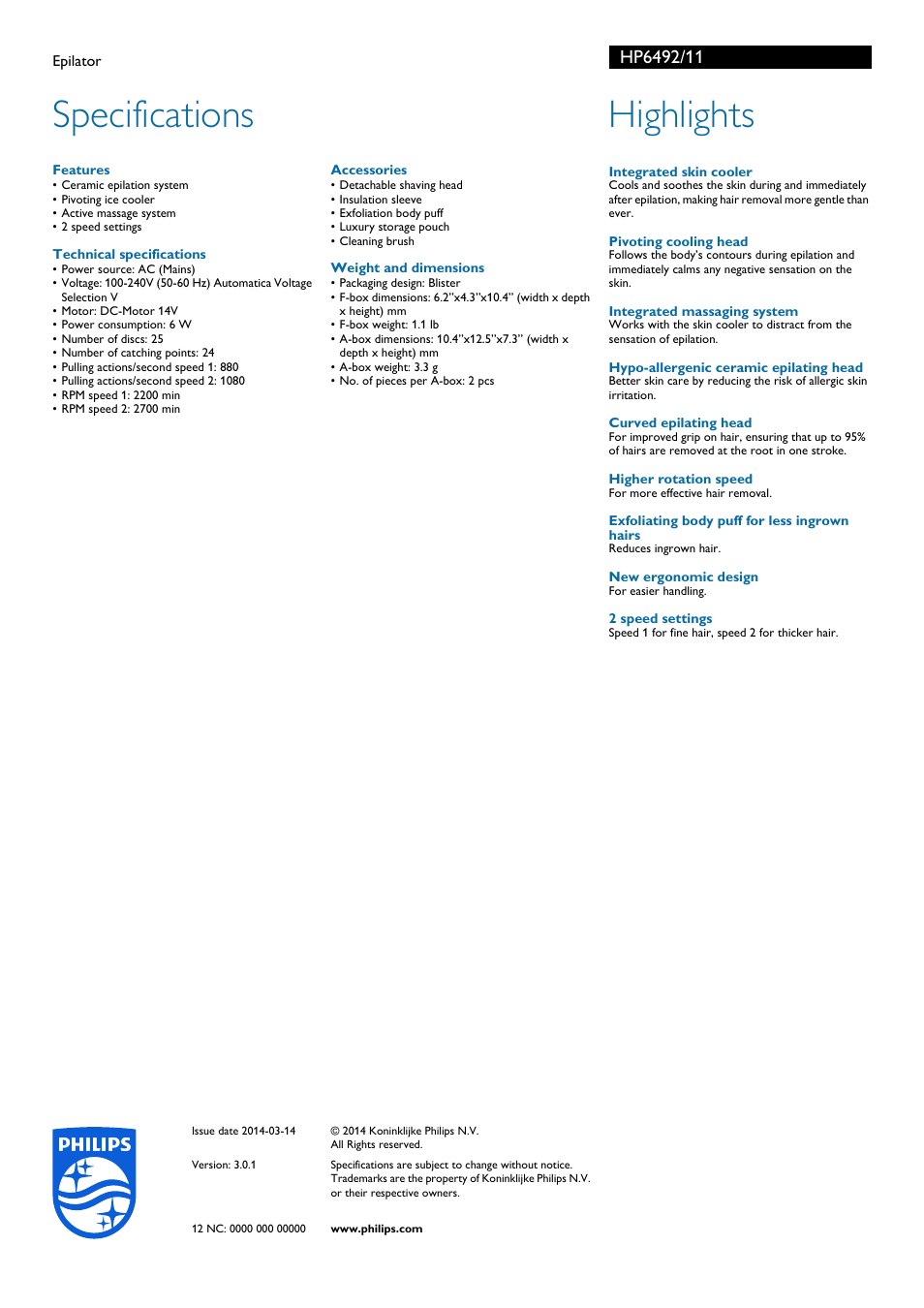Specifications, Highlights | Philips HP6492-11 User Manual | Page 2 / 2