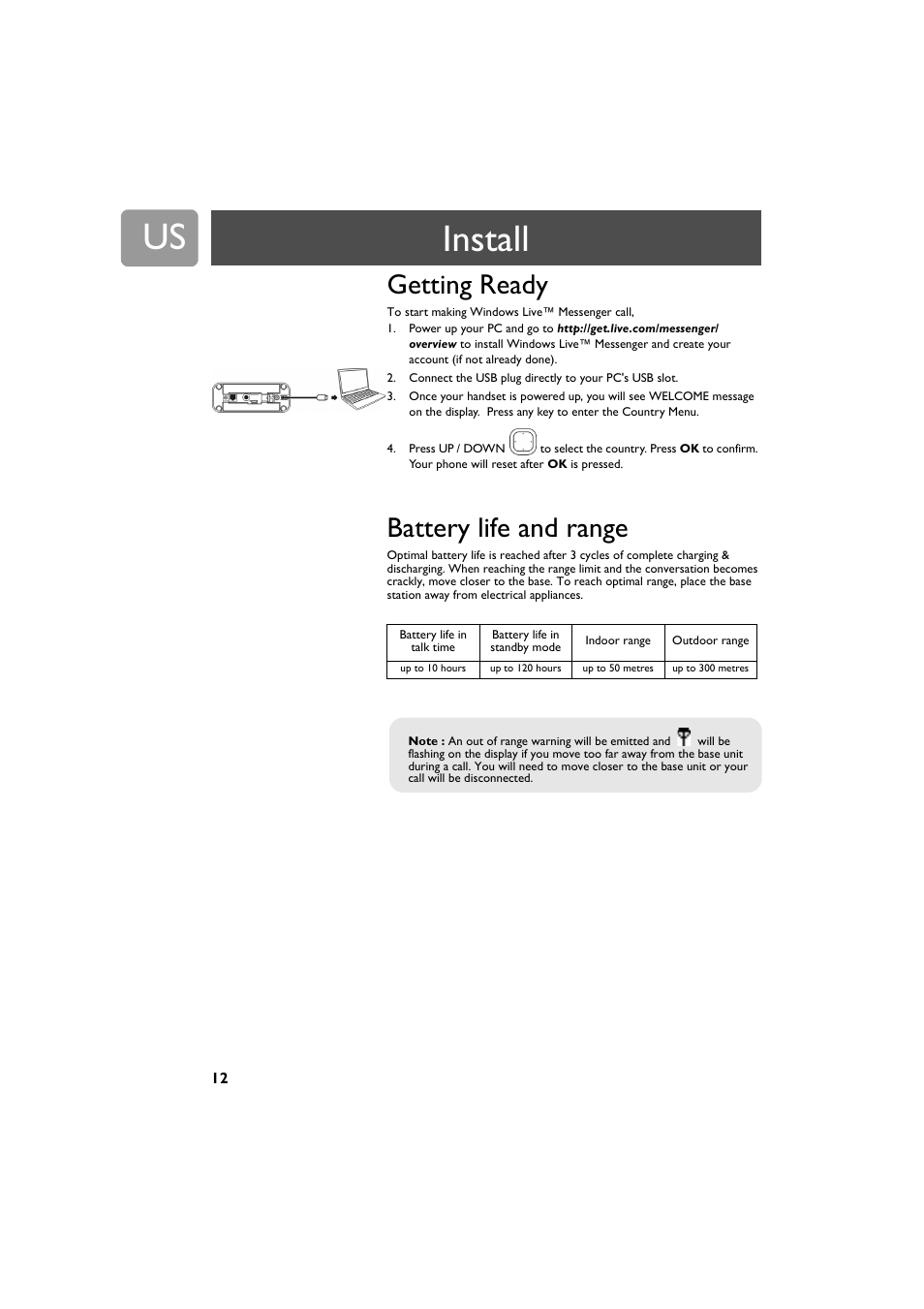 Install, Getting ready, Battery life and range | Philips VOIP4332B-37 User Manual | Page 12 / 48