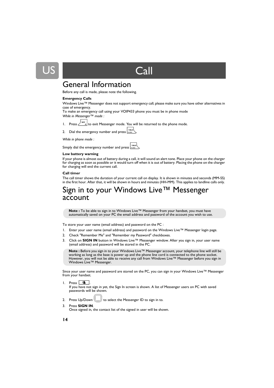 Call, General information, Sign in to your windows live™ messenger account | Philips VOIP4332B-37 User Manual | Page 14 / 48