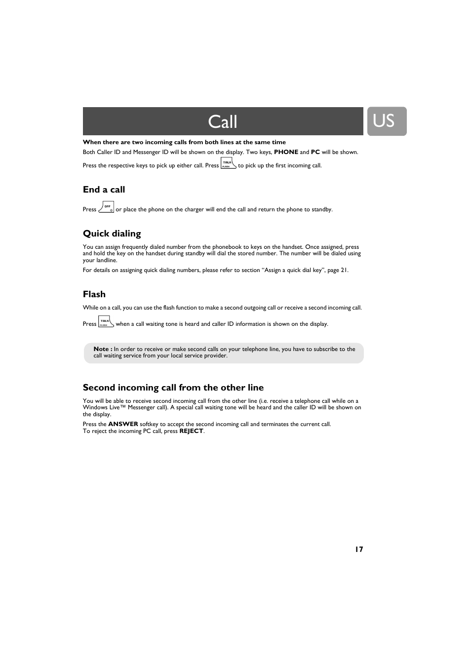 End a call, Quick dialing, Flash | Second incoming call from the other line, Call | Philips VOIP4332B-37 User Manual | Page 17 / 48