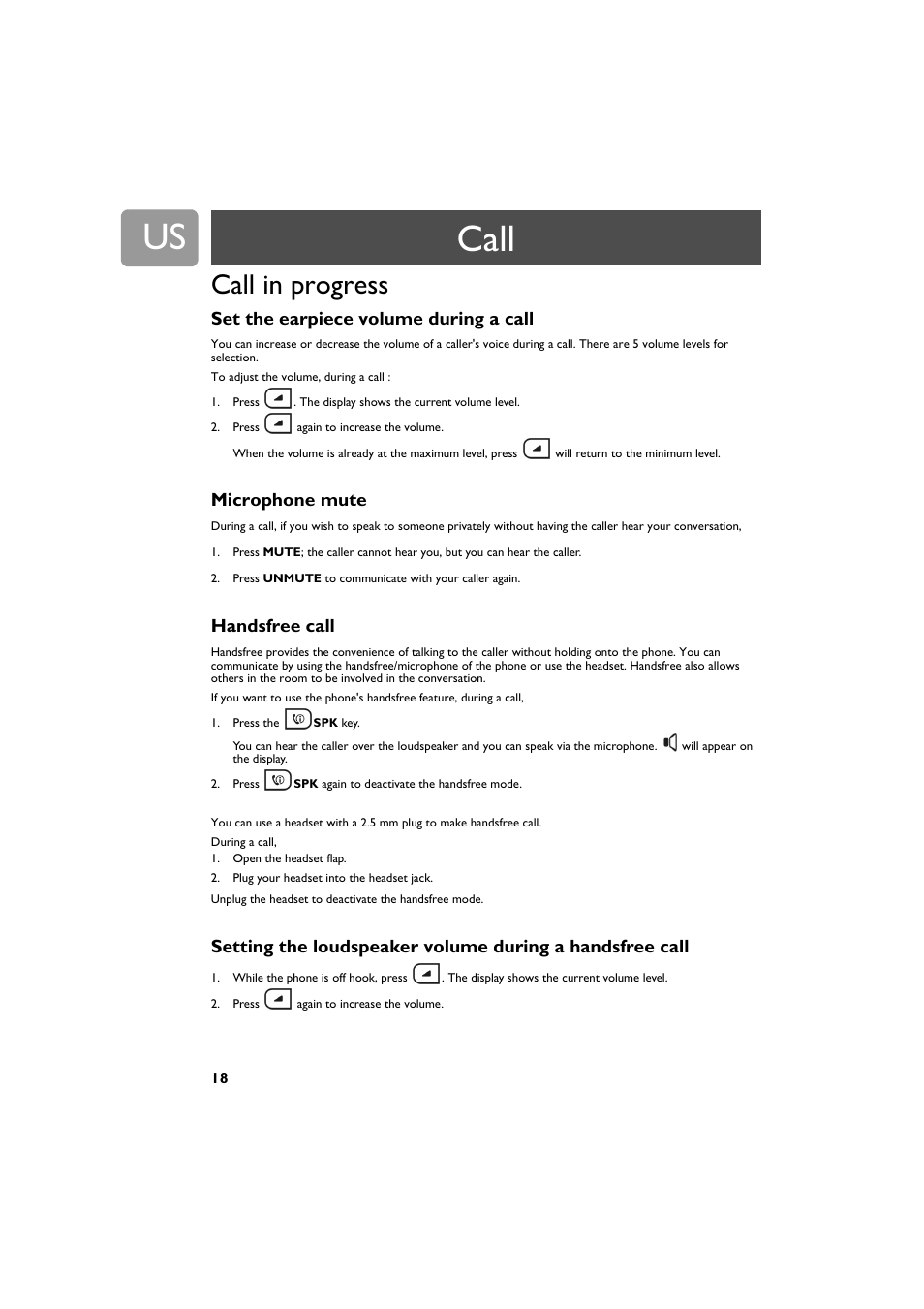 Call in progress, Set the earpiece volume during a call, Microphone mute | Handsfree call, Call | Philips VOIP4332B-37 User Manual | Page 18 / 48