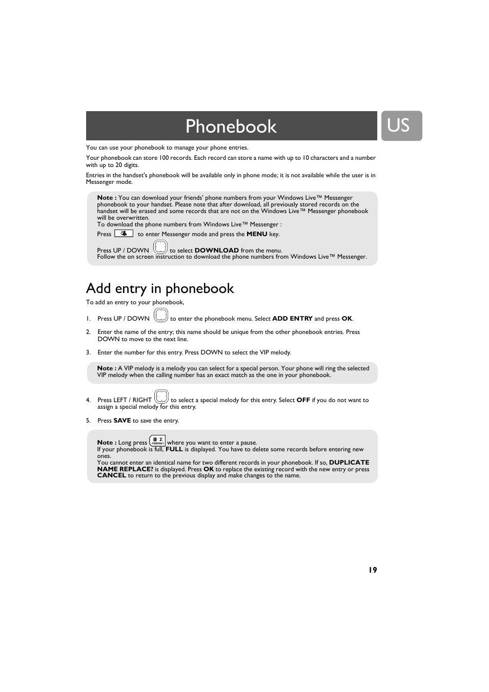 Phonebook, Add entry in phonebook | Philips VOIP4332B-37 User Manual | Page 19 / 48