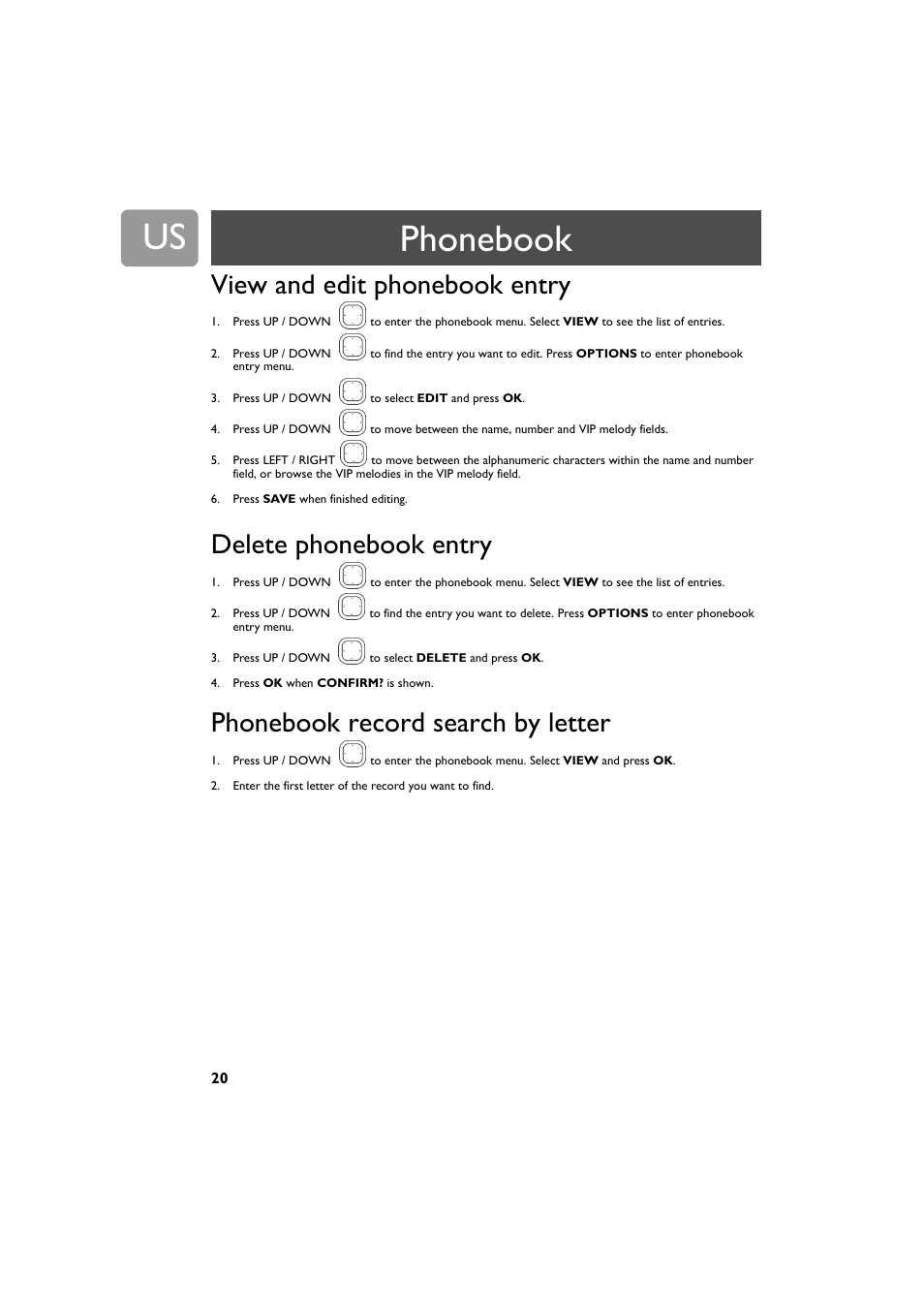 View and edit phonebook entry, Delete phonebook entry, Phonebook record search by letter | Phonebook | Philips VOIP4332B-37 User Manual | Page 20 / 48