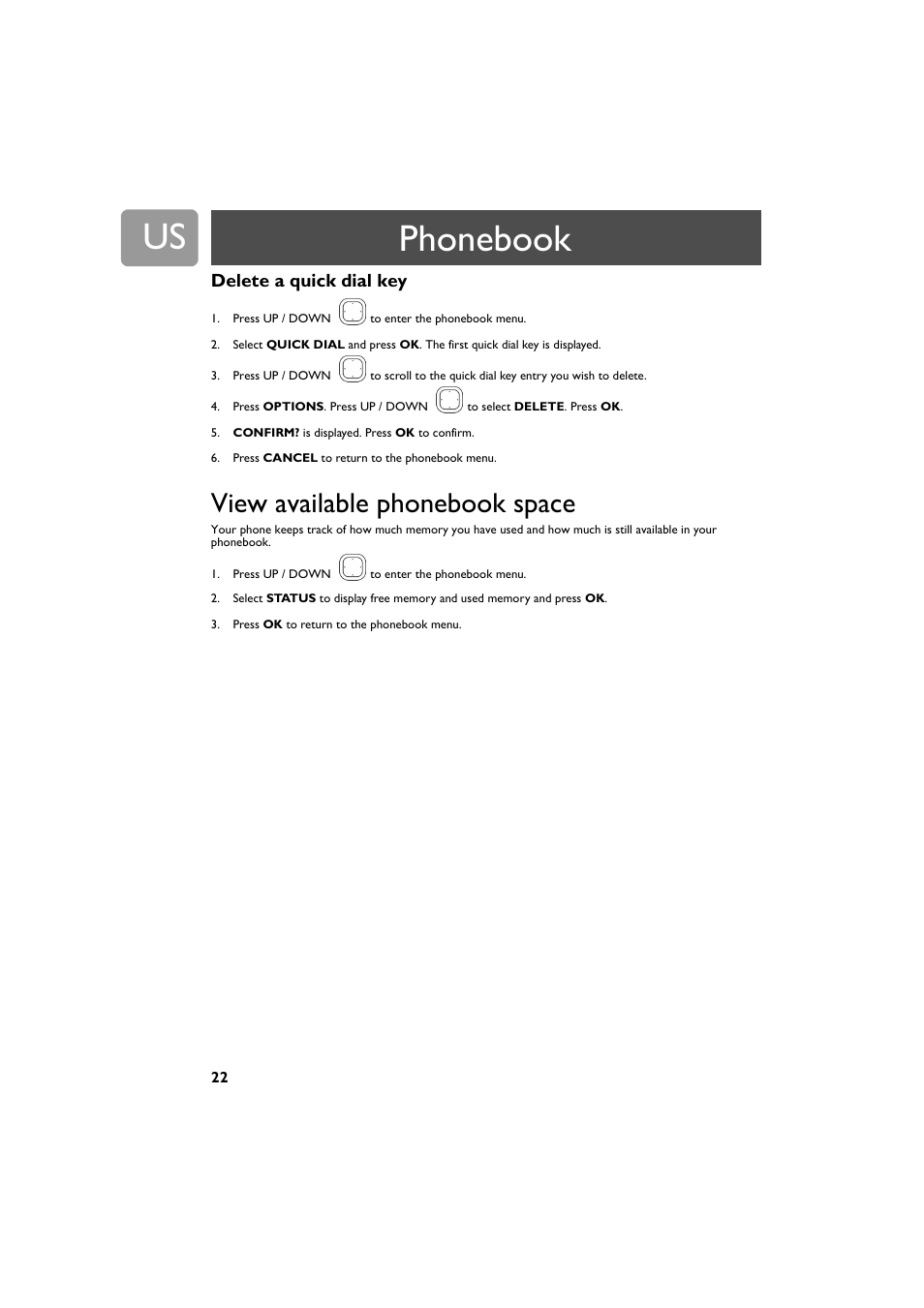 Delete a quick dial key, View available phonebook space, Phonebook | Philips VOIP4332B-37 User Manual | Page 22 / 48