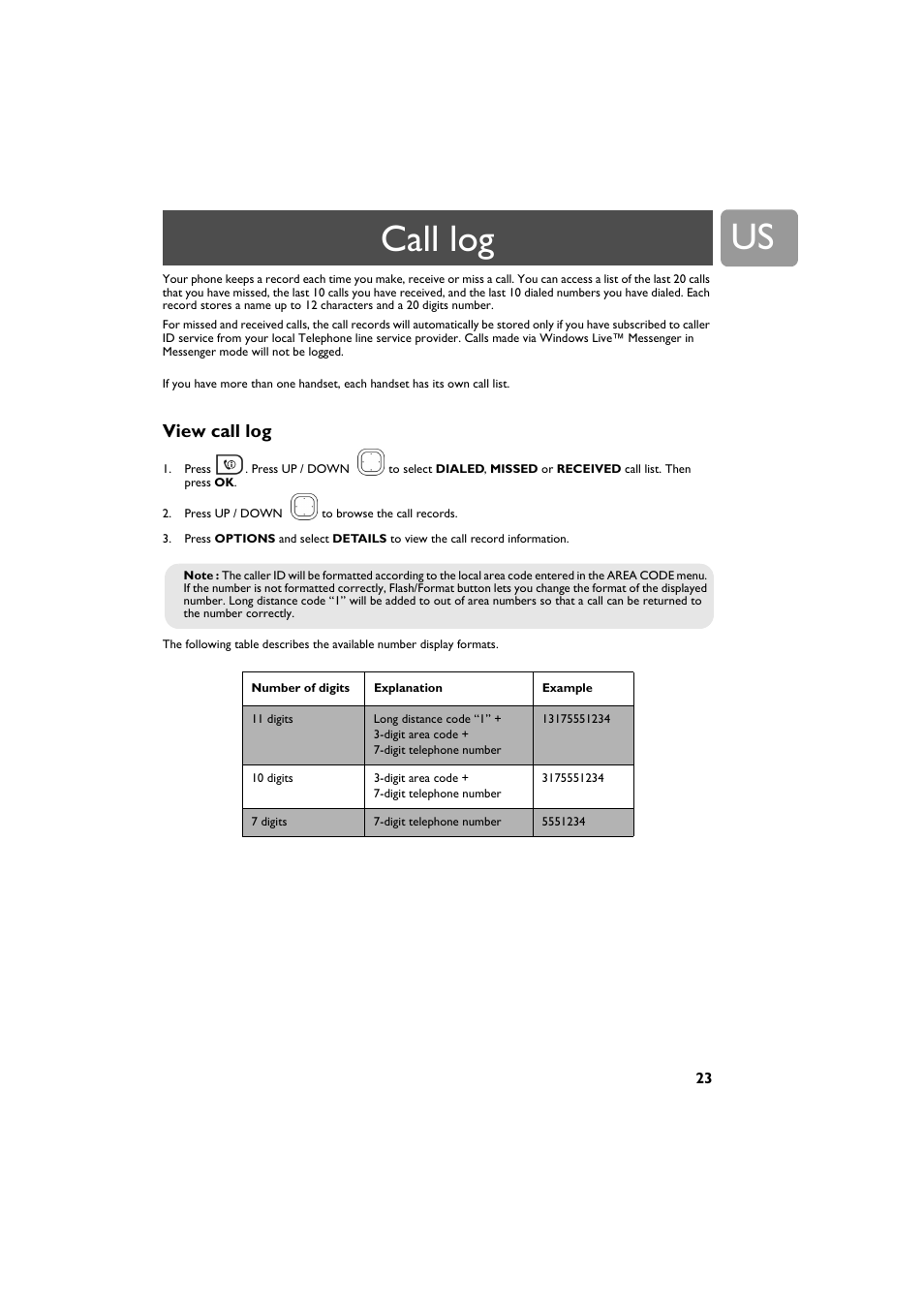 Call log, View call log | Philips VOIP4332B-37 User Manual | Page 23 / 48
